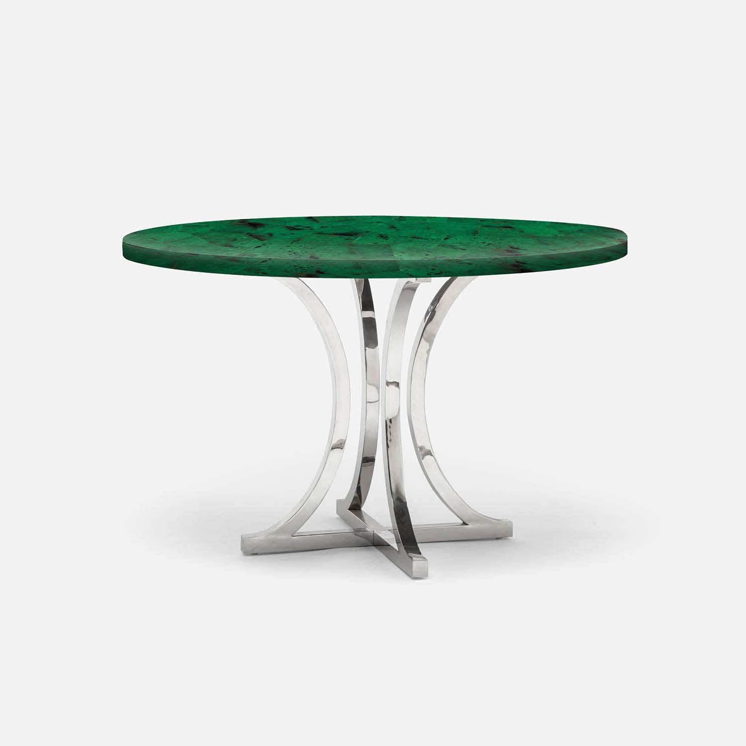 Made Goods Leighton 72" x 30" Polished Silver Steel Dinning Table With Round Emerald Shell Table Top
