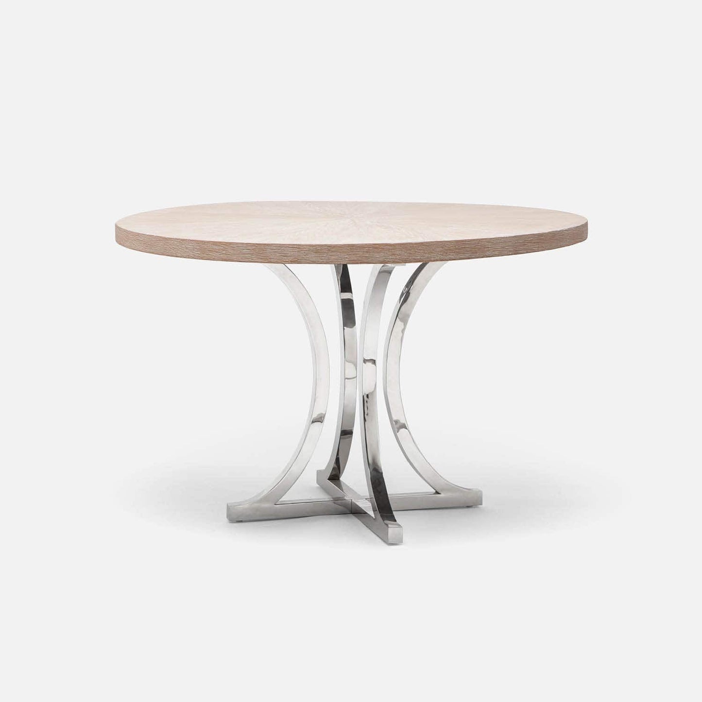 Made Goods Leighton 72" x 30" Polished Silver Steel Dinning Table With Round White Cerused Oak Table Top