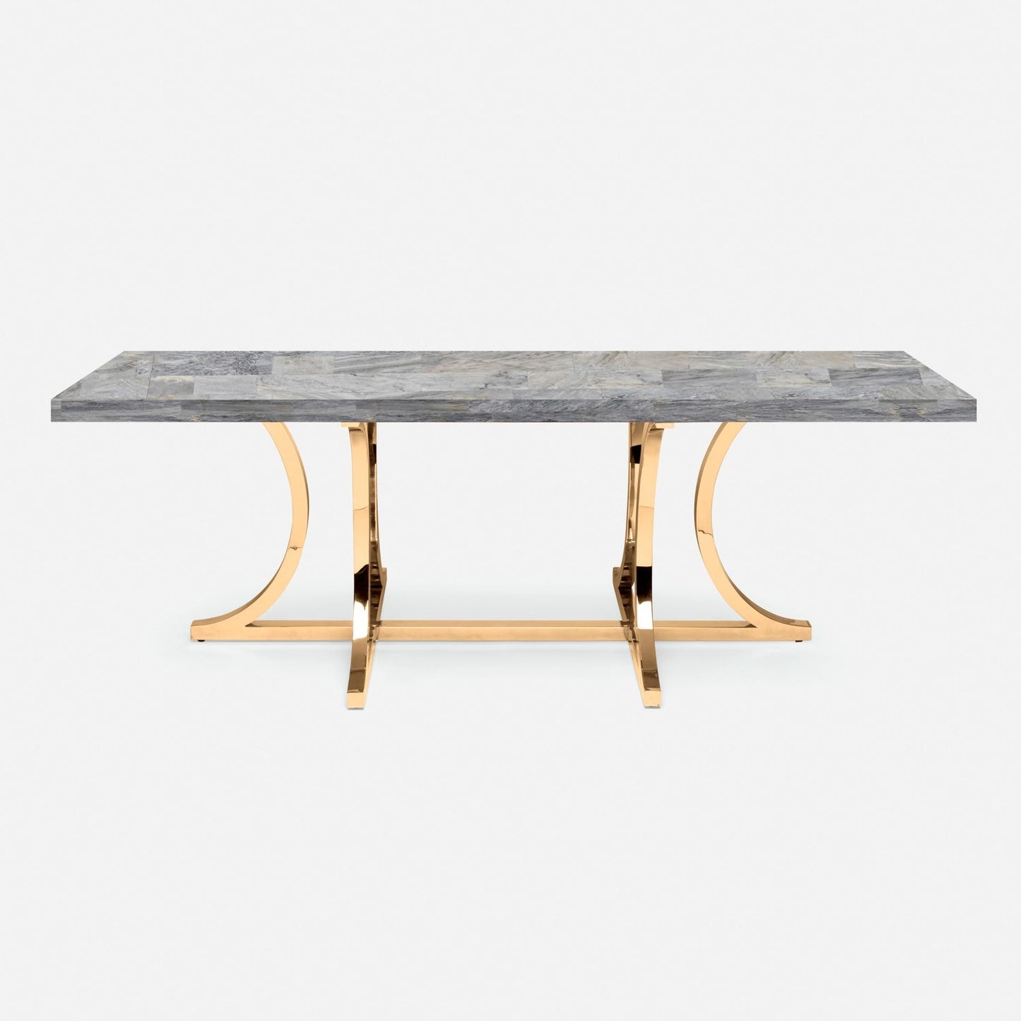 Made Goods Leighton 72" x 40" x 30" Polished Gold Steel Dinning Table With Rectangle Gray Romblon Stone Table Top
