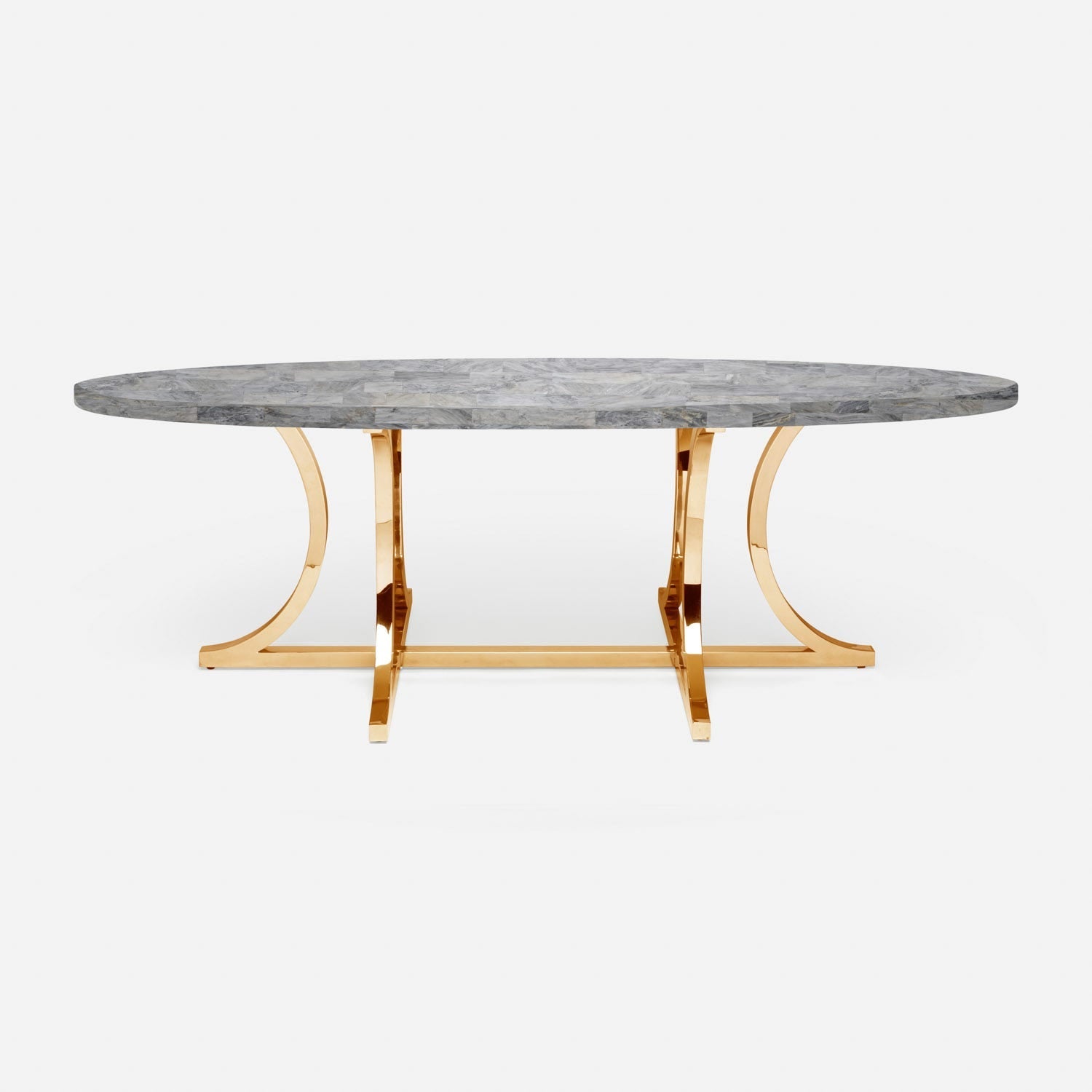 Made Goods Leighton 72" x 42" x 30" Polished Gold Steel Dinning Table With Oval Gray Romblon Stone Table Top