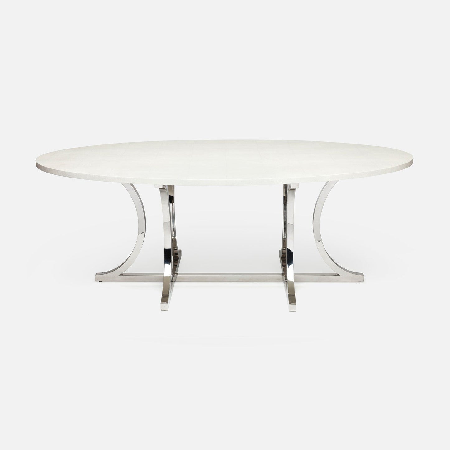 Made Goods Leighton 72" x 42" x 30" Polished Silver Steel Dinning Table With Oval Pristine Vintage Faux Shagreen Table Top