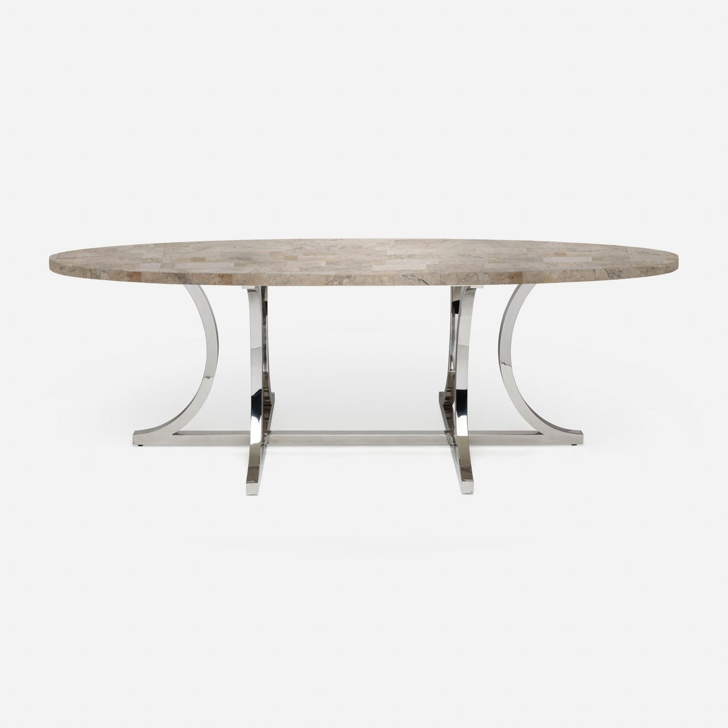 Made Goods Leighton 72" x 42" x 30" Polished Silver Steel Dinning Table With Oval Warm Gray Marble Table Top