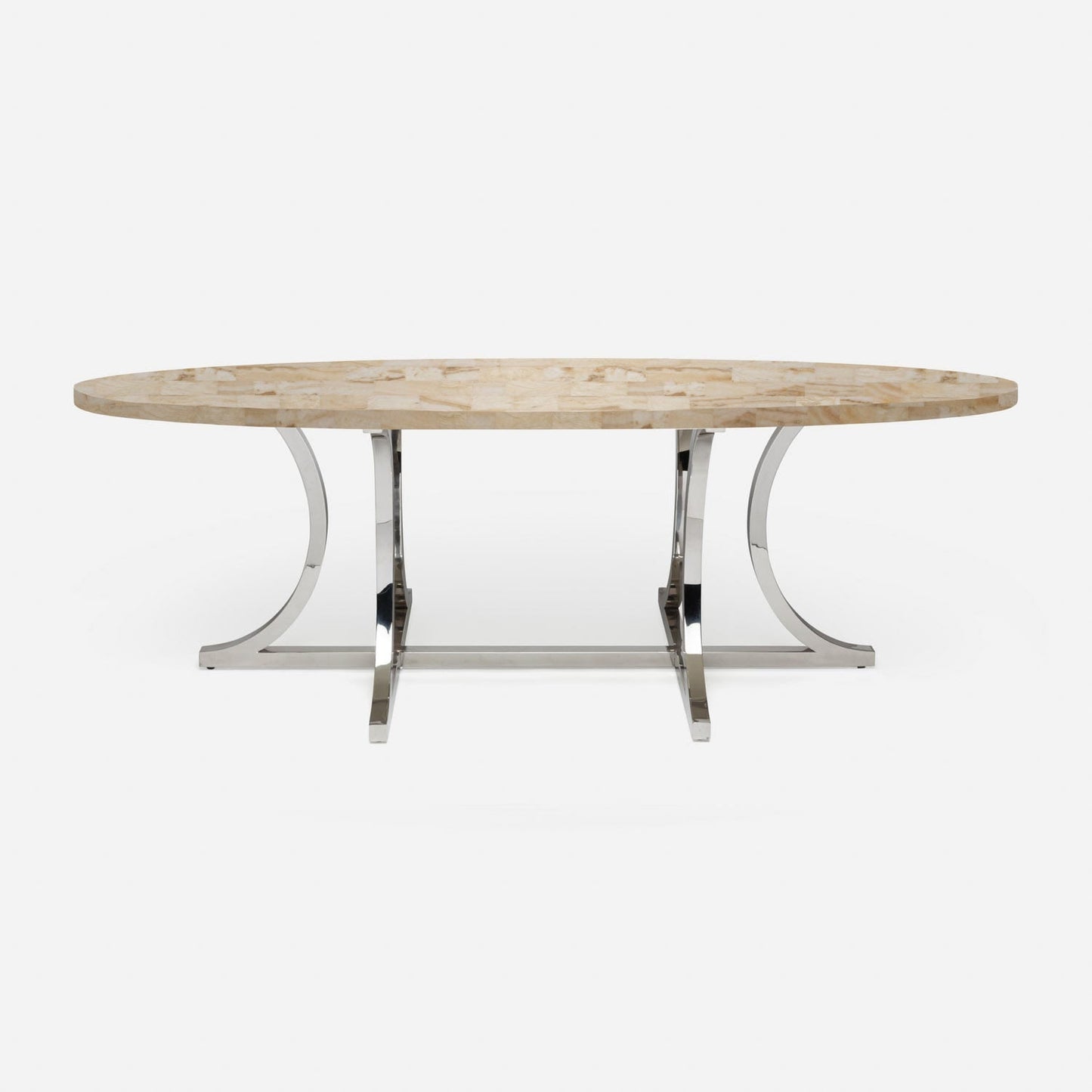 Made Goods Leighton 84" x 42" x 30" Polished Silver Steel Dinning Table With Oval Beige Crystal Stone Table Top