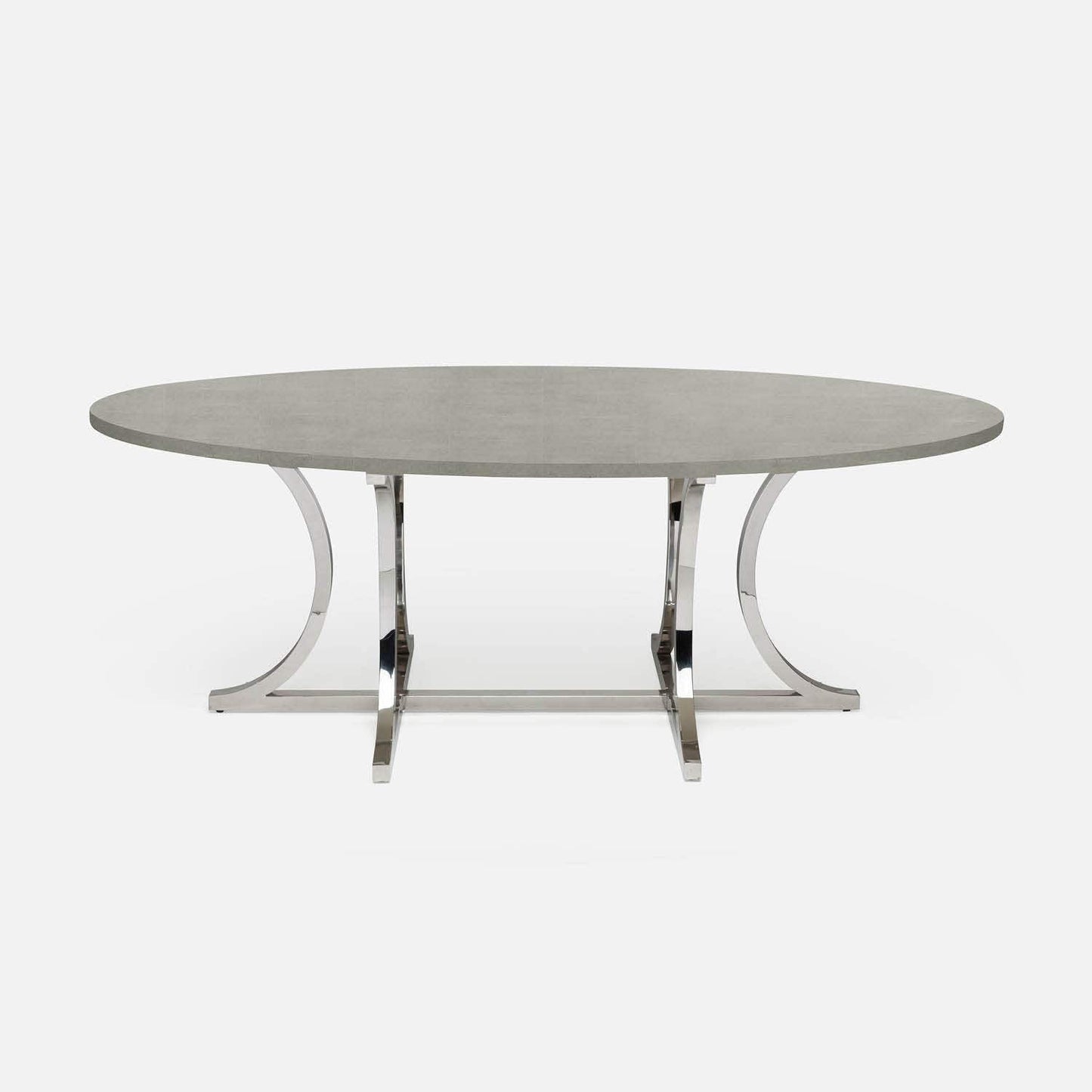 Made Goods Leighton 84" x 42" x 30" Polished Silver Steel Dinning Table With Oval Castor Gray Vintage Faux Shagreen Table Top