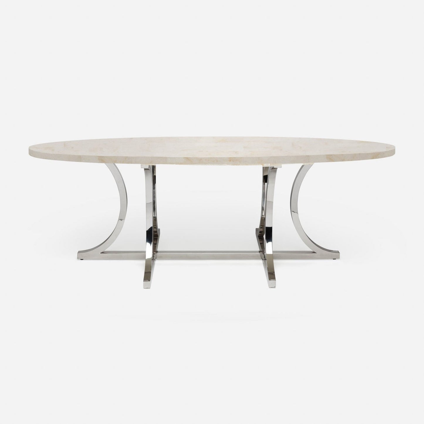 Made Goods Leighton 84" x 42" x 30" Polished Silver Steel Dinning Table With Oval Ice Crystal Stone Table Top