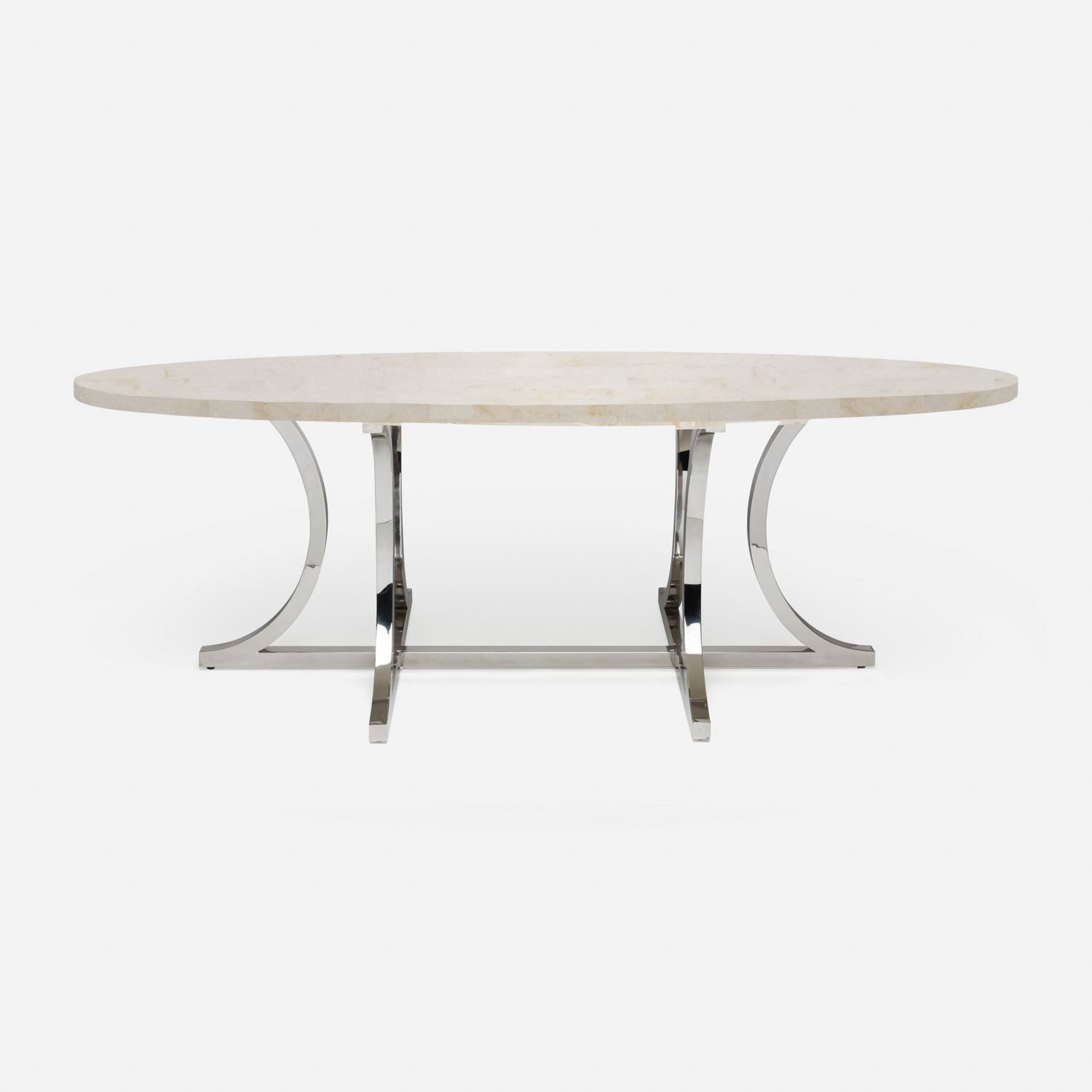 Made Goods Leighton 84" x 42" x 30" Polished Silver Steel Dinning Table With Oval Ivory Faux Horn Table Top