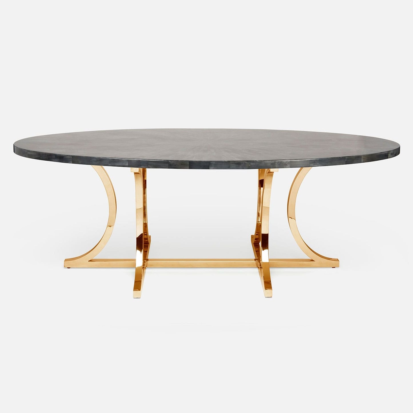 Made Goods Leighton 96" x 44" x 30" Polished Gold Steel Dinning Table With Oval Dark Faux Horn Table Top