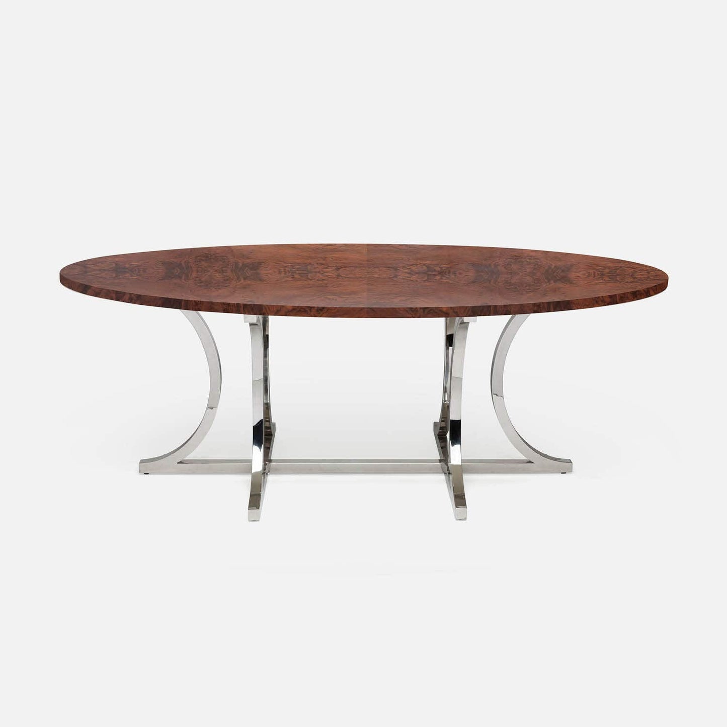 Made Goods Leighton 96" x 44" x 30" Polished Silver Steel Dinning Table With Oval Walnut Veneer Table Top