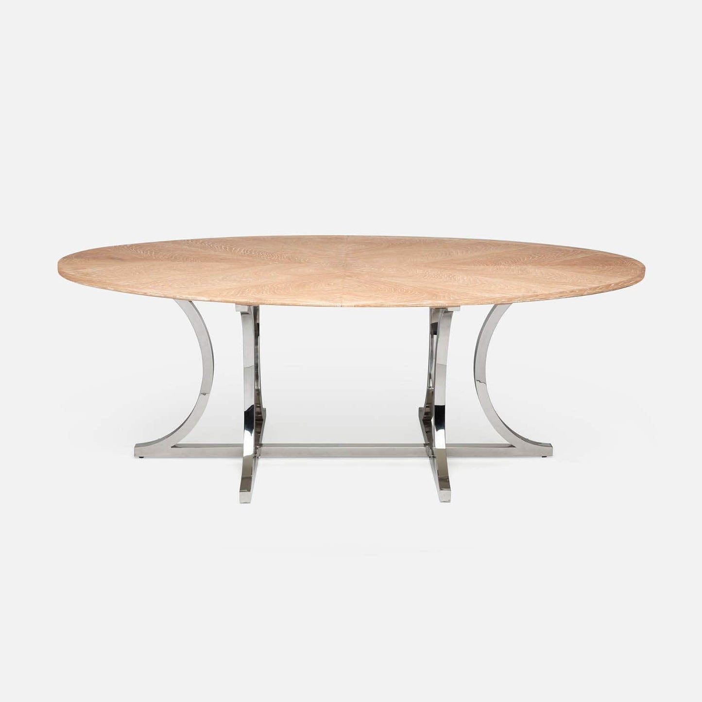 Made Goods Leighton 96" x 44" x 30" Polished Silver Steel Dinning Table With Oval White Cerused Oak Table Top
