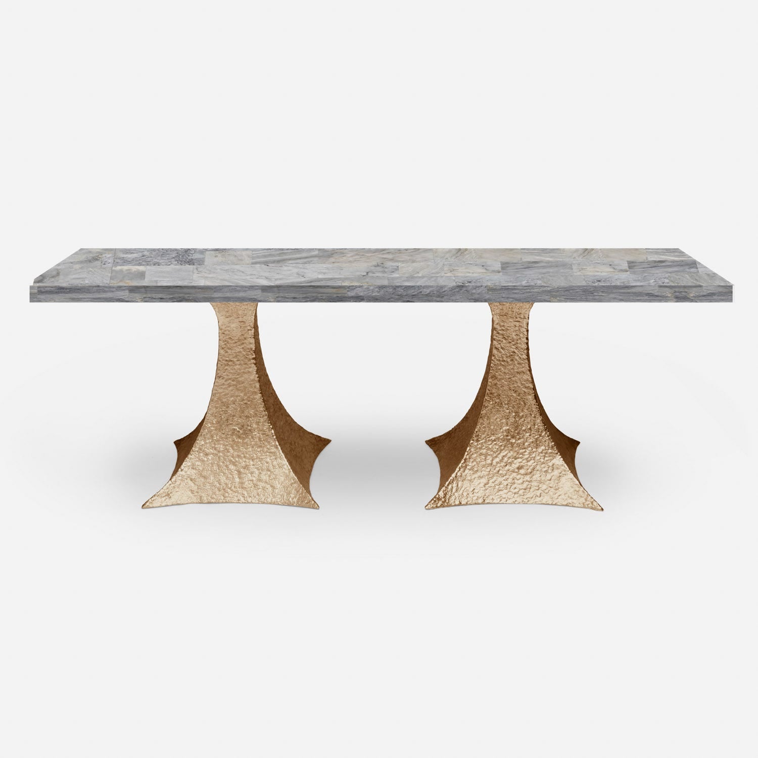 Made Goods Noor 110" x 40" x 30" Bumpy Cool Gold Iron Dinning Table With Rectangle Gray Romblon Stone Table Top