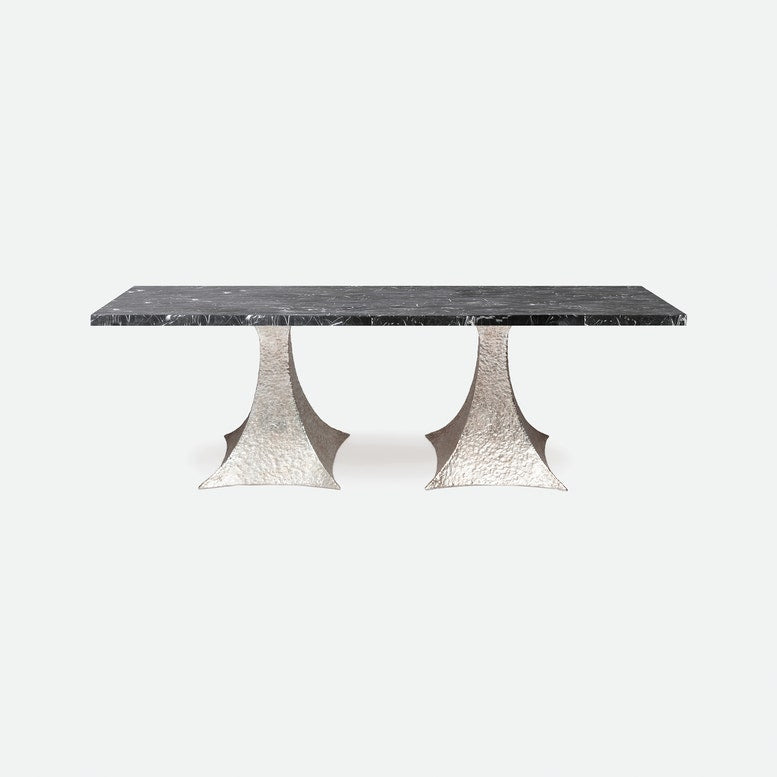 Made Goods Noor 110" x 40" x 30" Bumpy Cool Silver Iron Dinning Table With Rectangle Nero Marble Table Top
