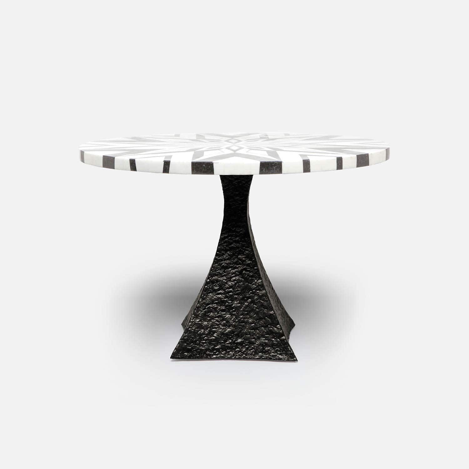 Made Goods Noor 48" x 30" Bumpy Black Iron Dinning Table With Round Black/White Stripe Marble Table Top