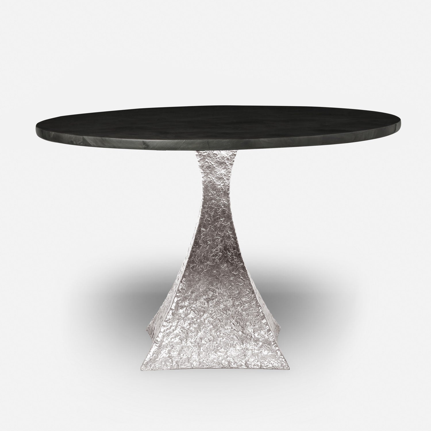 Made Goods Noor 48" x 30" Bumpy Cool Silver Iron Dinning Table With Round Dark Faux Horn Table Top