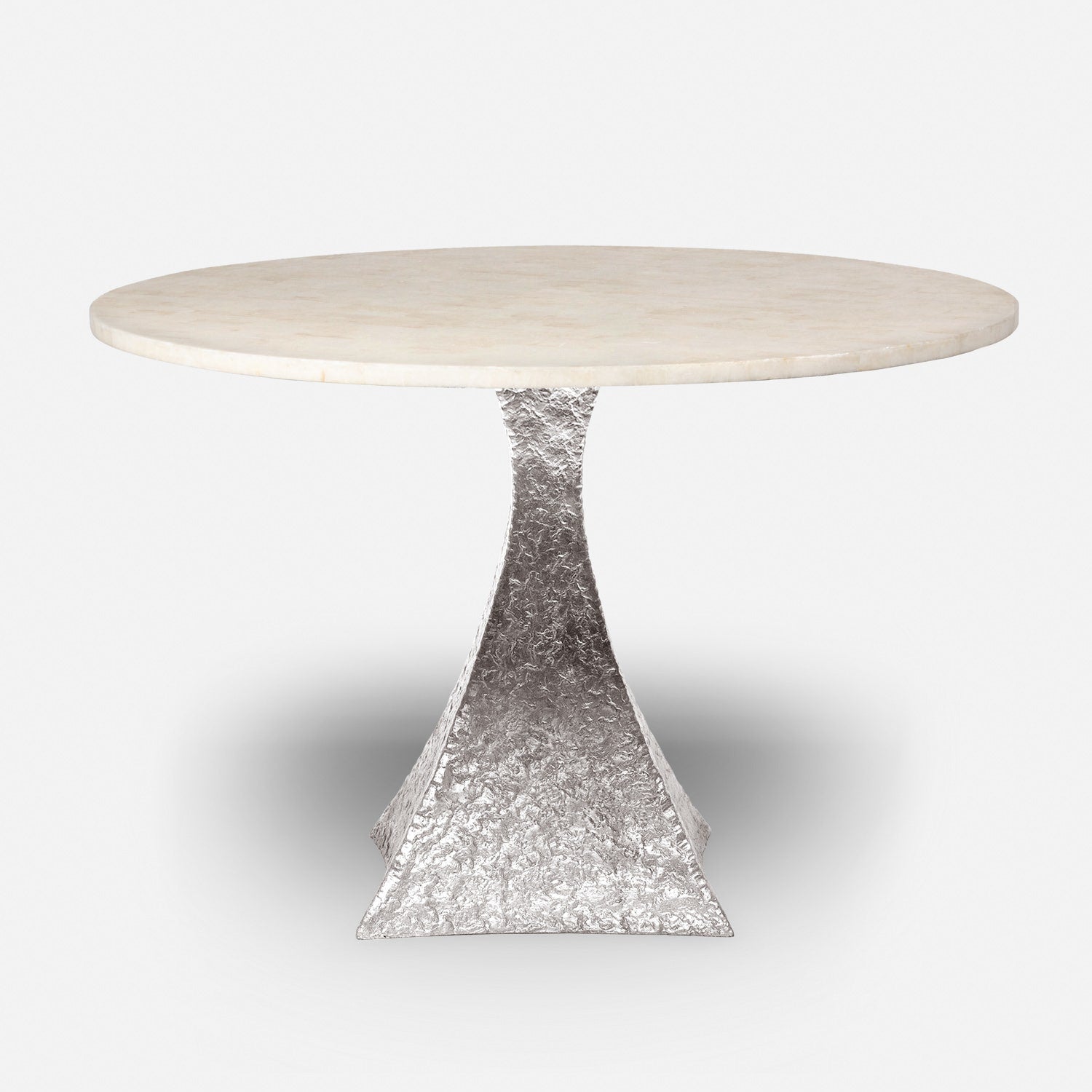 Made Goods Noor 48" x 30" Bumpy Cool Silver Iron Dinning Table With Round Ice Crystal Stone Table Top