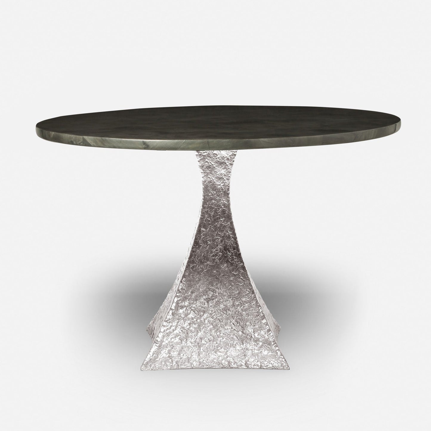 Made Goods Noor 48" x 30" Bumpy Cool Silver Iron Dinning Table With Round Pewter Faux Horn Table Top