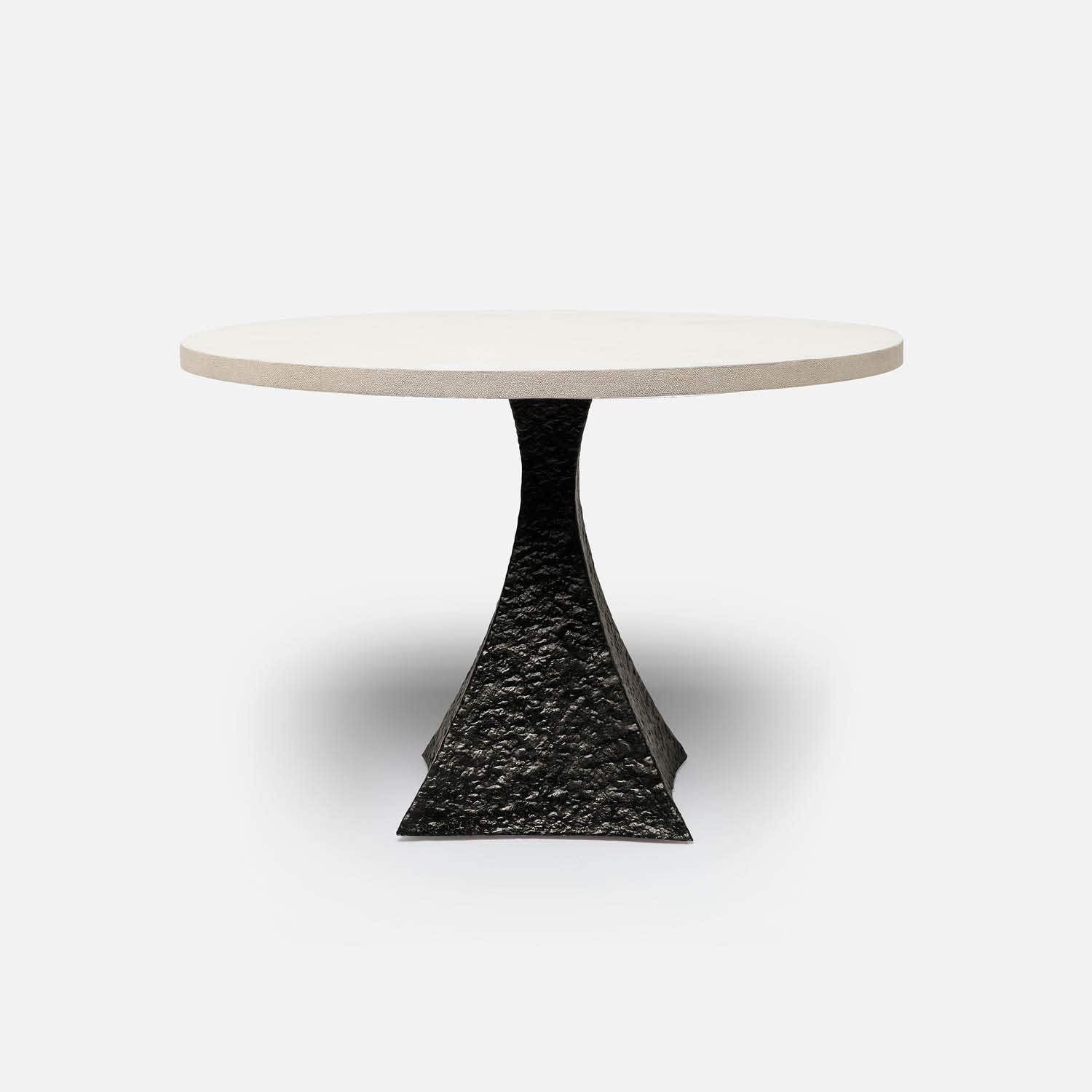 Made Goods Noor 54" x 30" Bumpy Black Iron Dinning Table With Round White Faux Belgian Linen Table Top