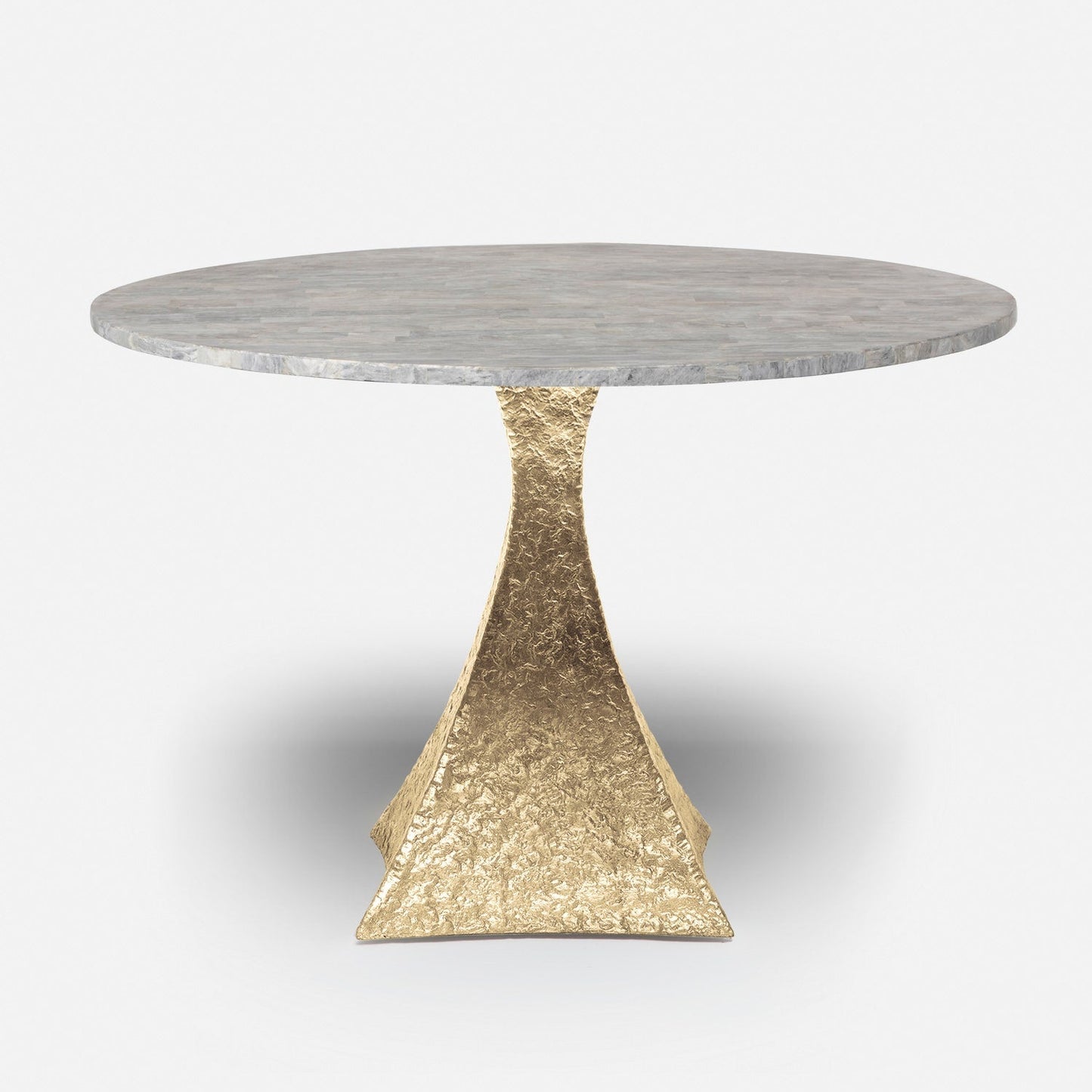 Made Goods Noor 54" x 30" Bumpy Cool Gold Iron Dinning Table With Round Gray Romblon Stone Table Top