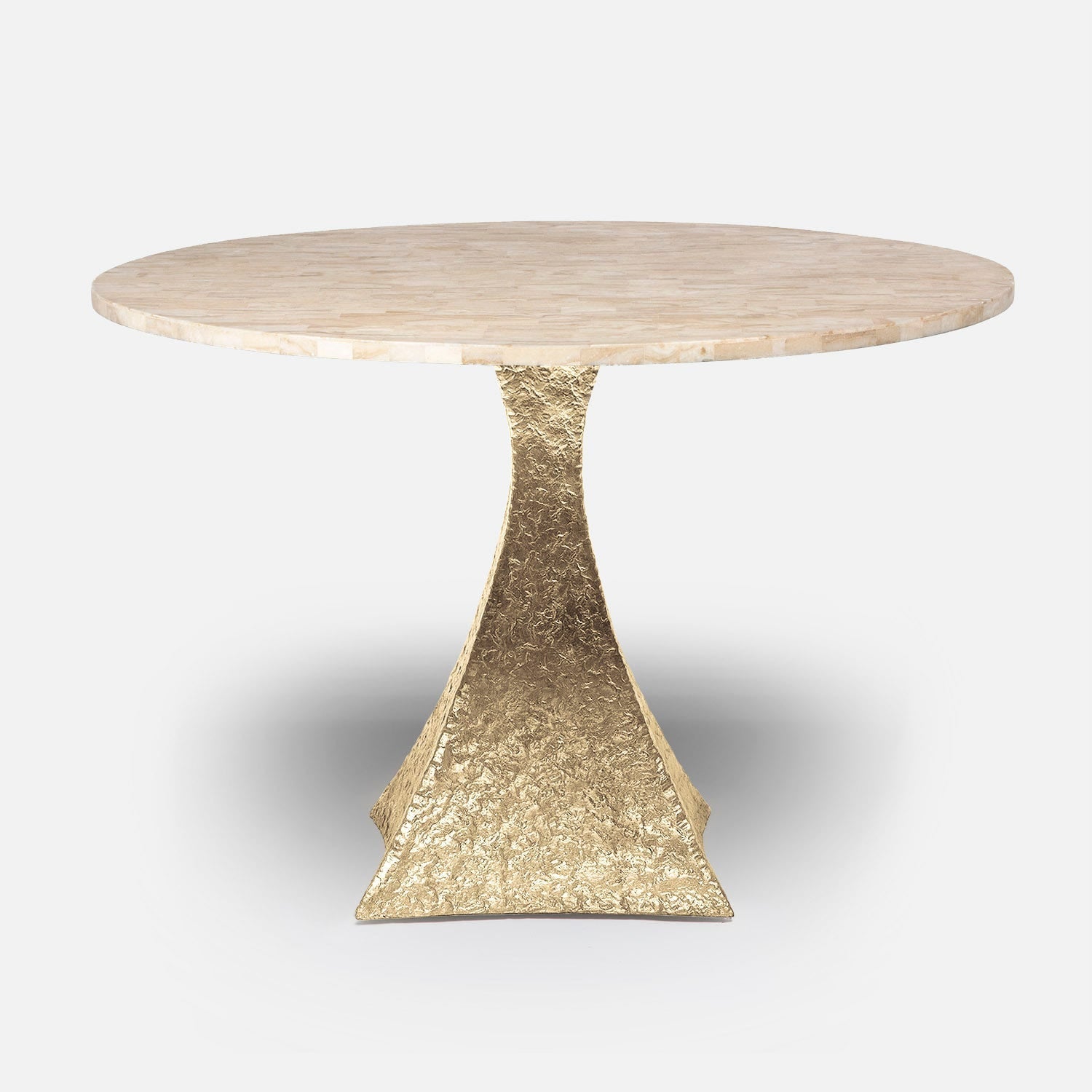 Made Goods Noor 72" x 30" Bumpy Cool Gold Iron Dinning Table With Round Beige Crystal Stone Table Top