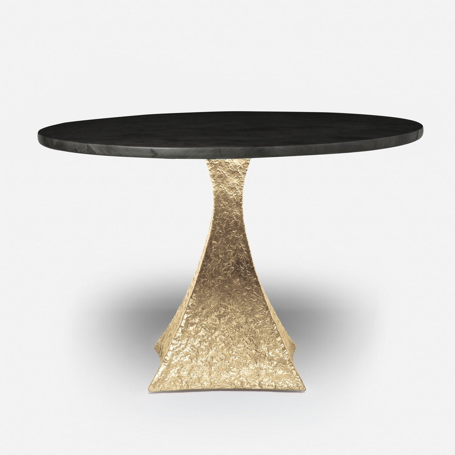 Made Goods Noor 72" x 30" Bumpy Cool Gold Iron Dinning Table With Round Dark Faux Horn Table Top