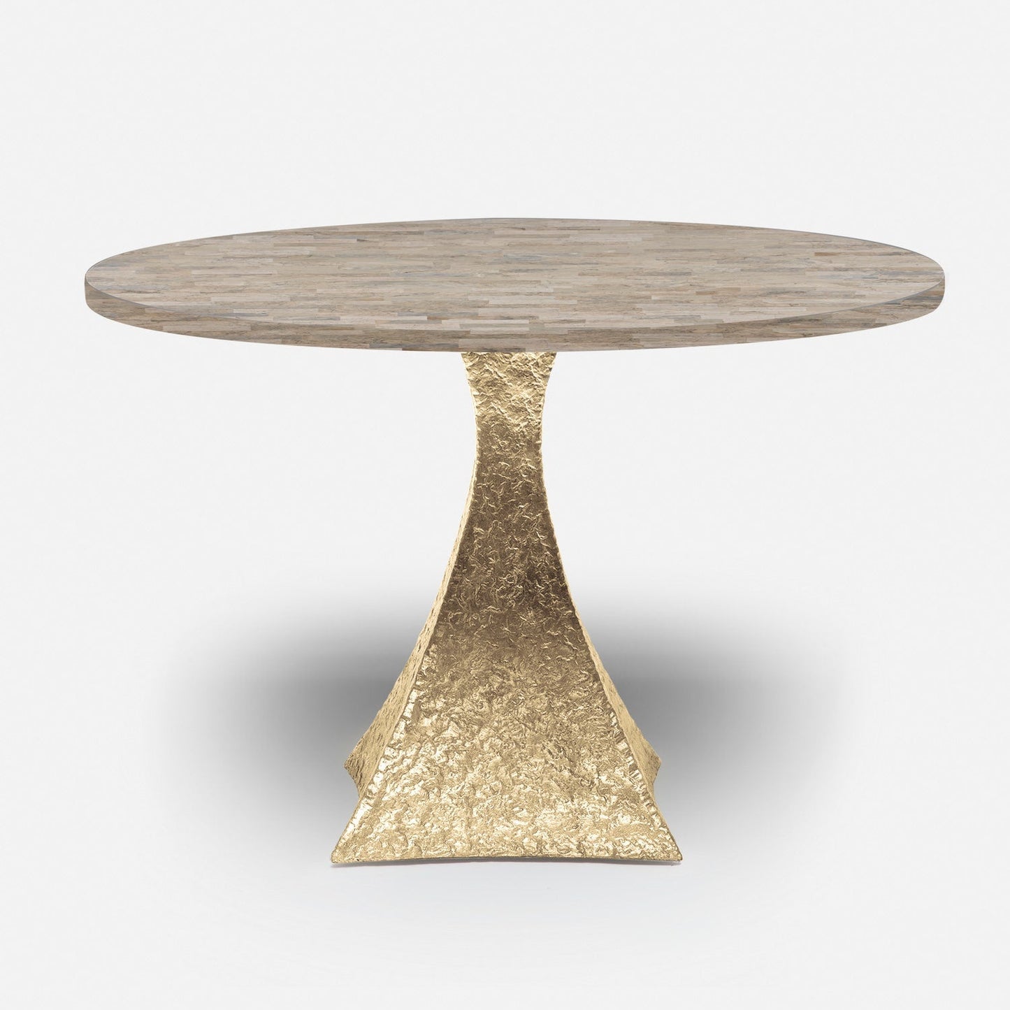 Made Goods Noor 72" x 30" Bumpy Cool Gold Iron Dinning Table With Round Warm Gray Marble Table Top