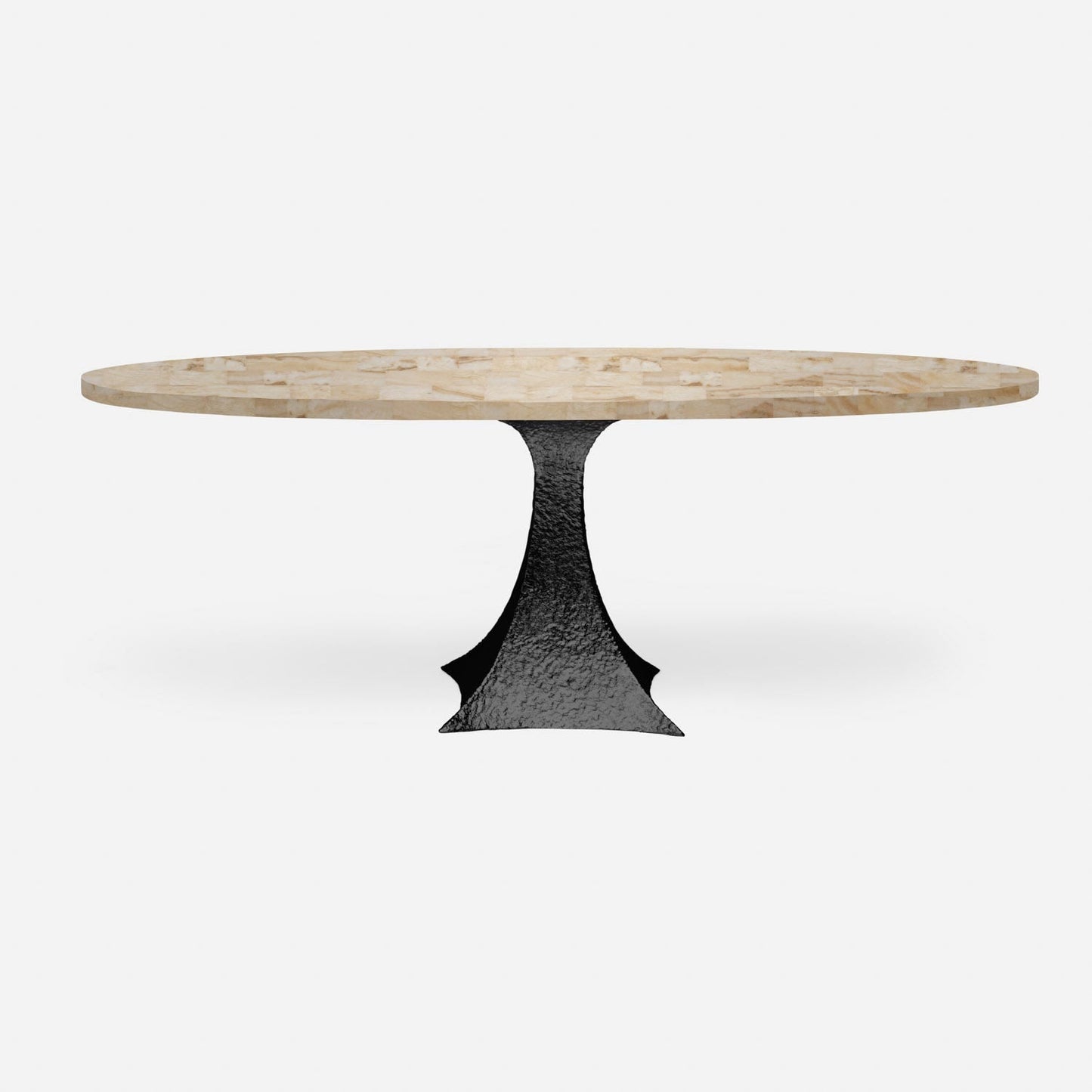 Made Goods Noor 72" x 42" x 30" Single Base Bumpy Black Iron Dinning Table With Oval Beige Crystal Stone Table Top