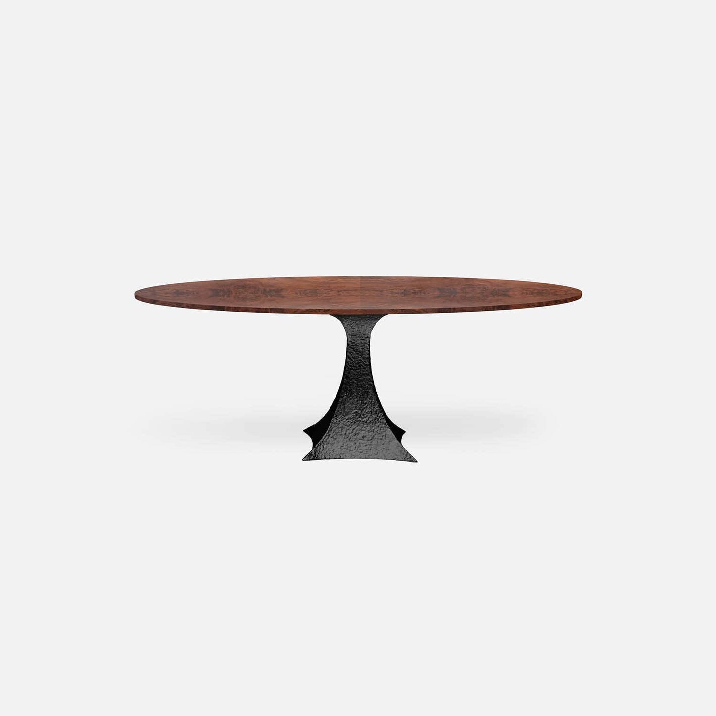 Made Goods Noor 72" x 42" x 30" Single Base Bumpy Black Iron Dinning Table With Oval Walnut Veneer Table Top