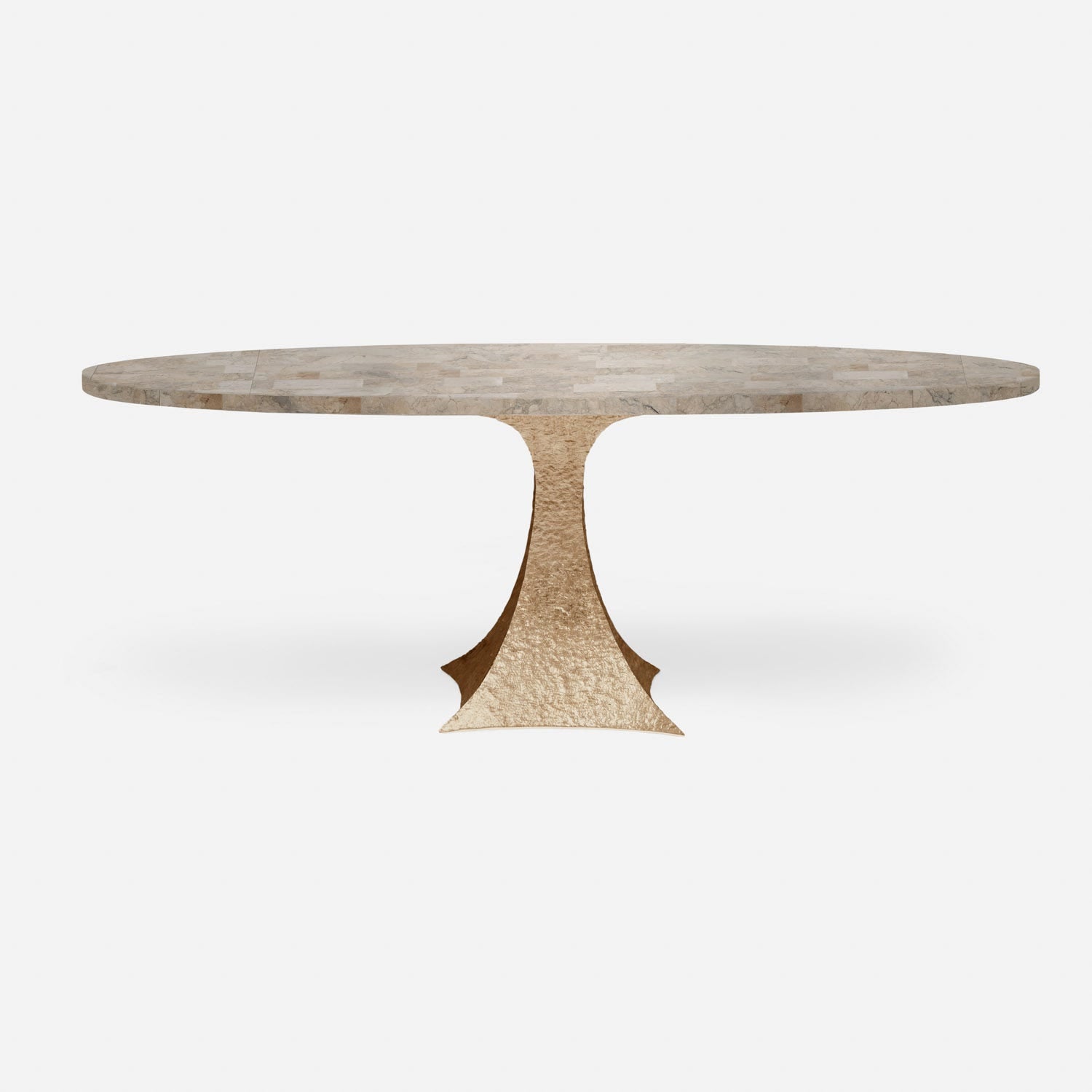 Made Goods Noor 72" x 42" x 30" Single Base Bumpy Cool Gold Iron Dinning Table With Oval Warm Gray Marble Table Top