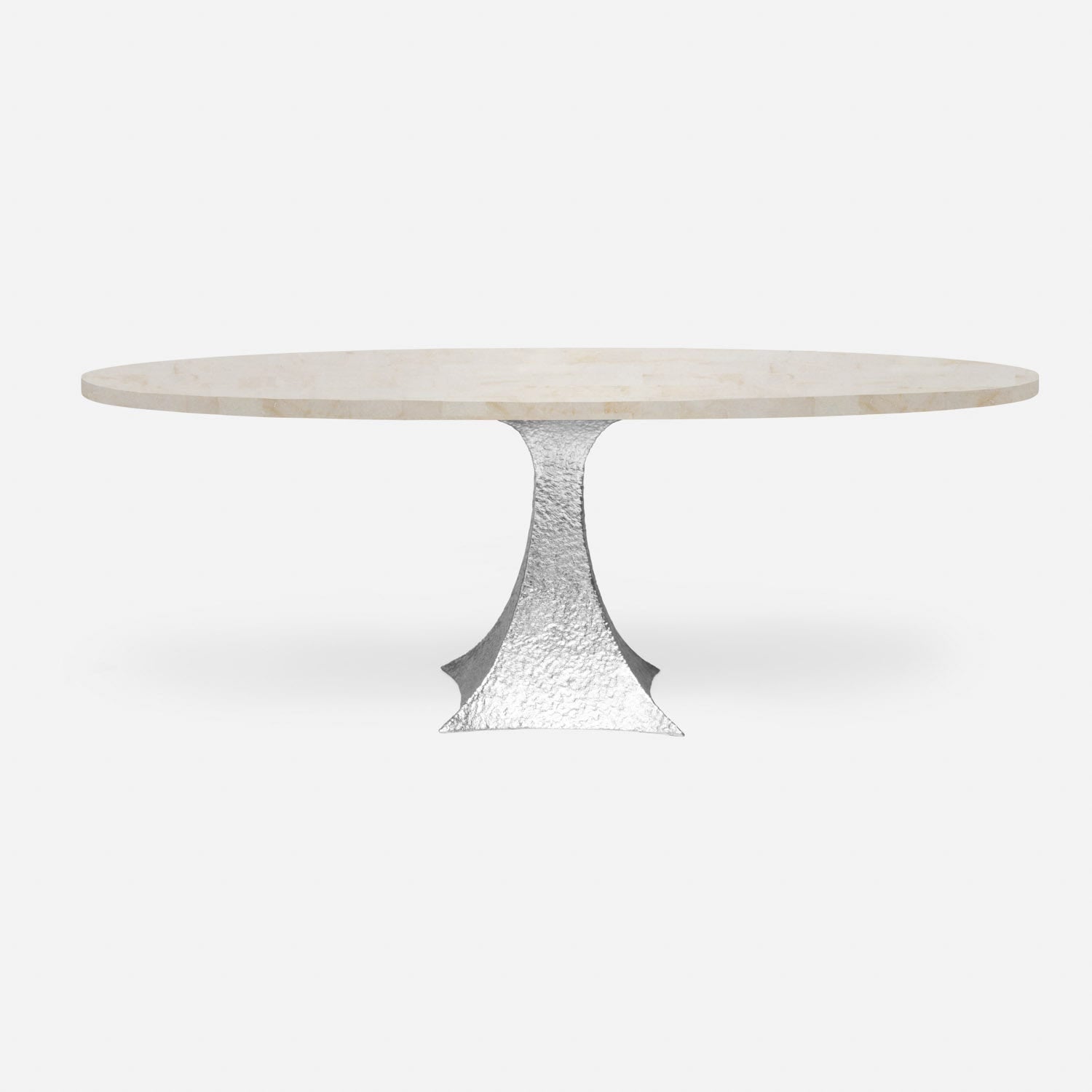 Made Goods Noor 72" x 42" x 30" Single Base Bumpy Cool Silver Iron Dinning Table With Oval Ice Crystal Stone Table Top
