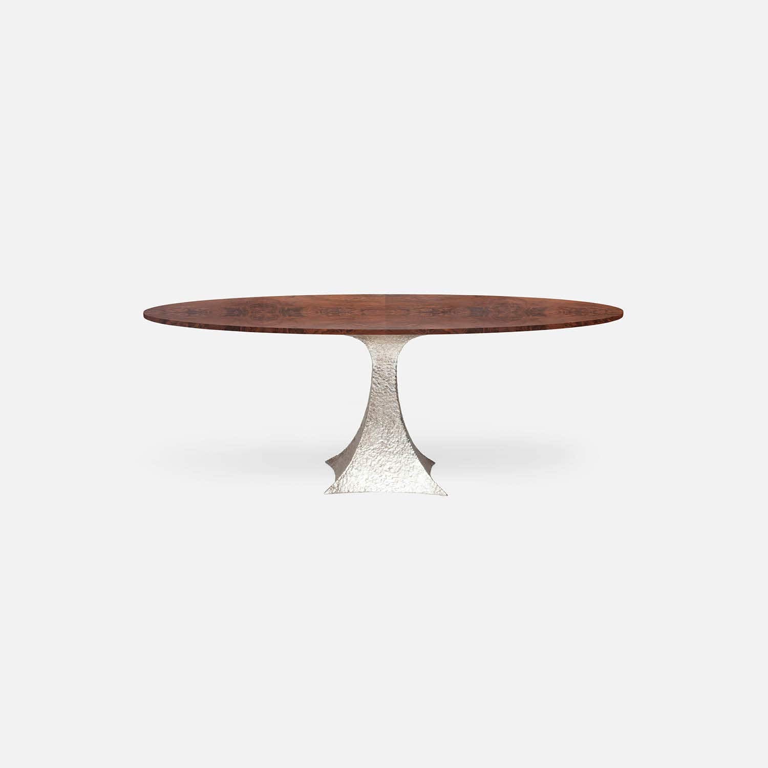 Made Goods Noor 72" x 42" x 30" Single Base Bumpy Cool Silver Iron Dinning Table With Oval Walnut Veneer Table Top