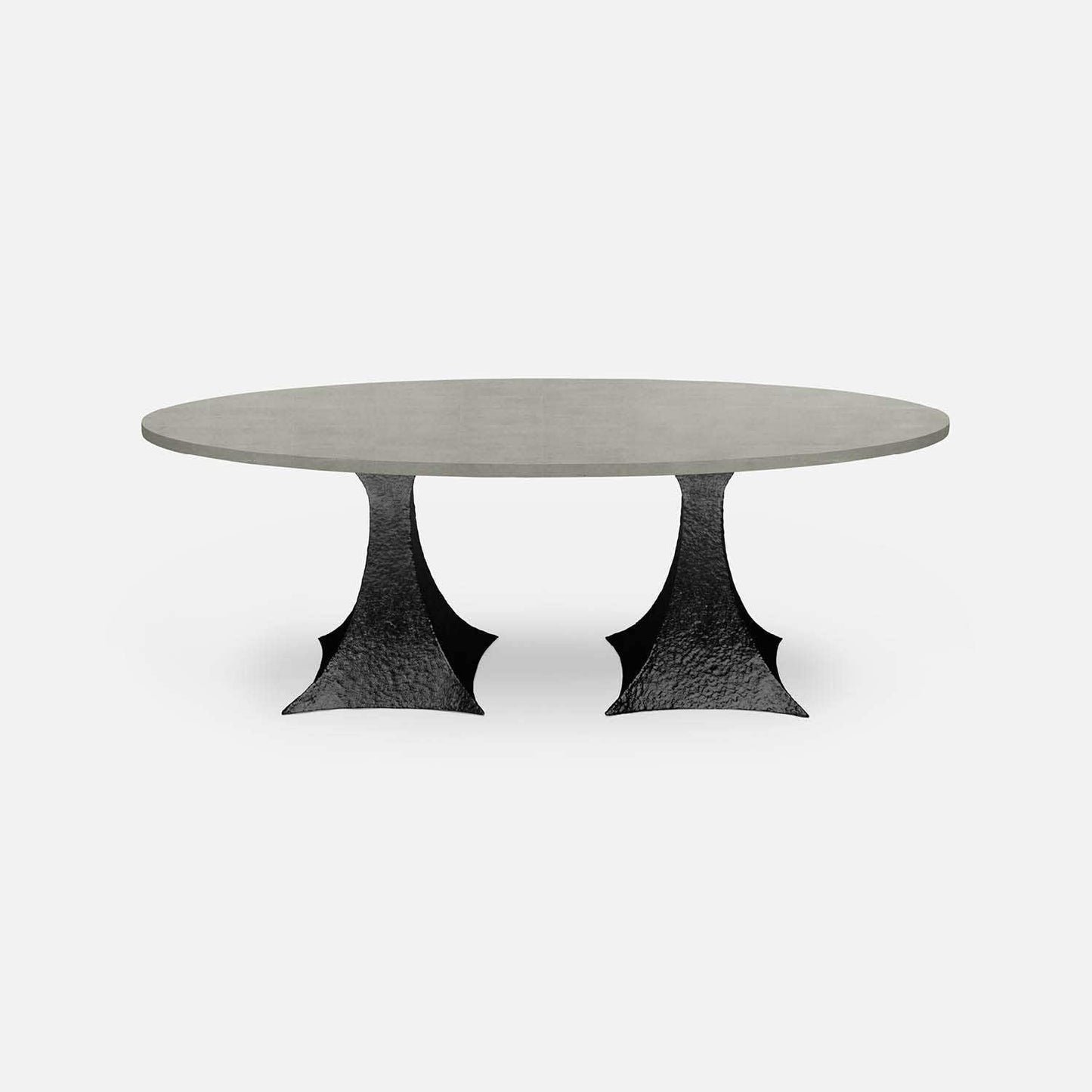 Made Goods Noor 84" x 42" x 30" Double Base Bumpy Black Iron Dinning Table With Oval Castor Gray Vintage Faux Shagreen Table Top