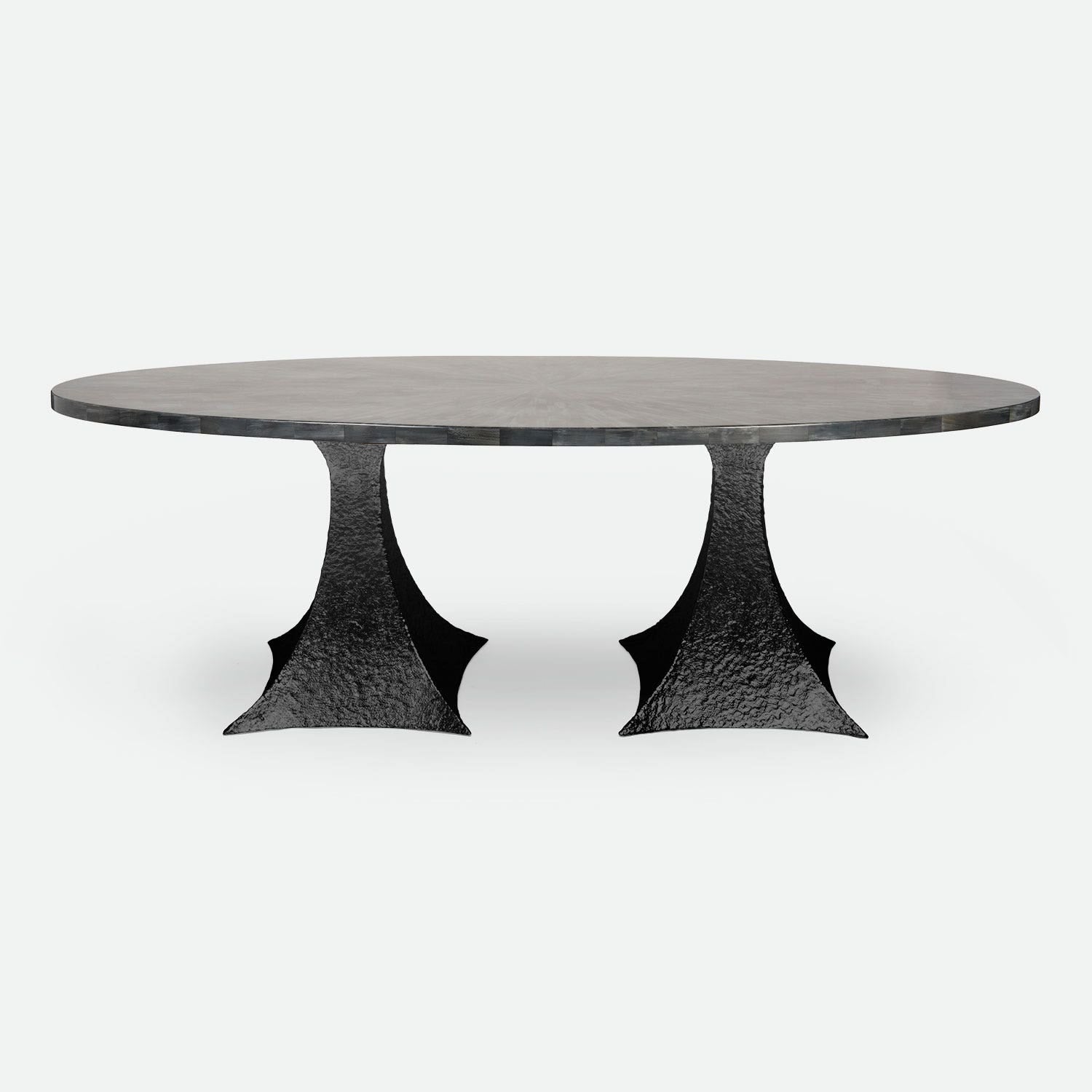 Made Goods Noor 84" x 42" x 30" Double Base Bumpy Black Iron Dinning Table With Oval Dark Faux Horn Table Top