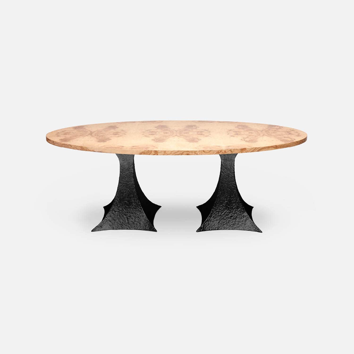 Made Goods Noor 84" x 42" x 30" Double Base Bumpy Black Iron Dinning Table With Oval Olive Ash Veneer Table Top
