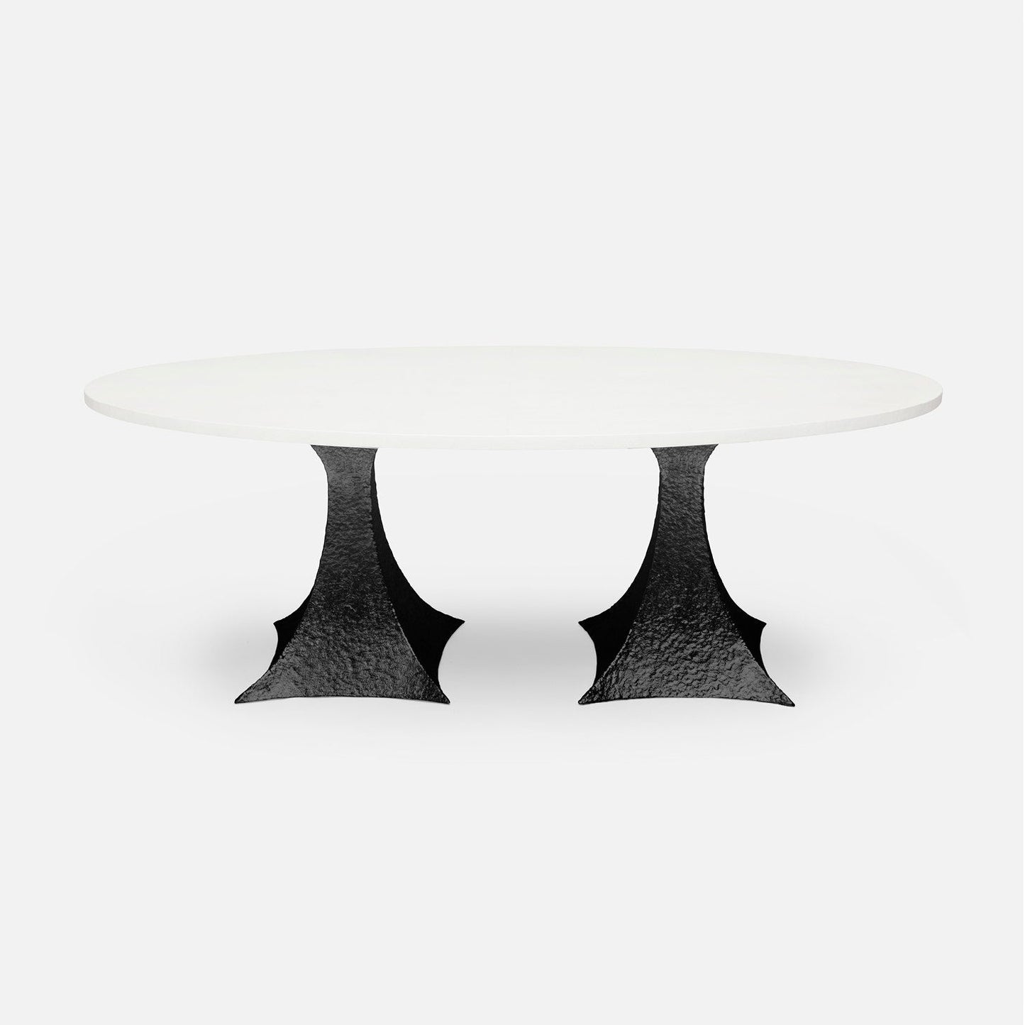 Made Goods Noor 84" x 42" x 30" Double Base Bumpy Black Iron Dinning Table With Oval Pristine Vintage Faux Shagreen Table Top