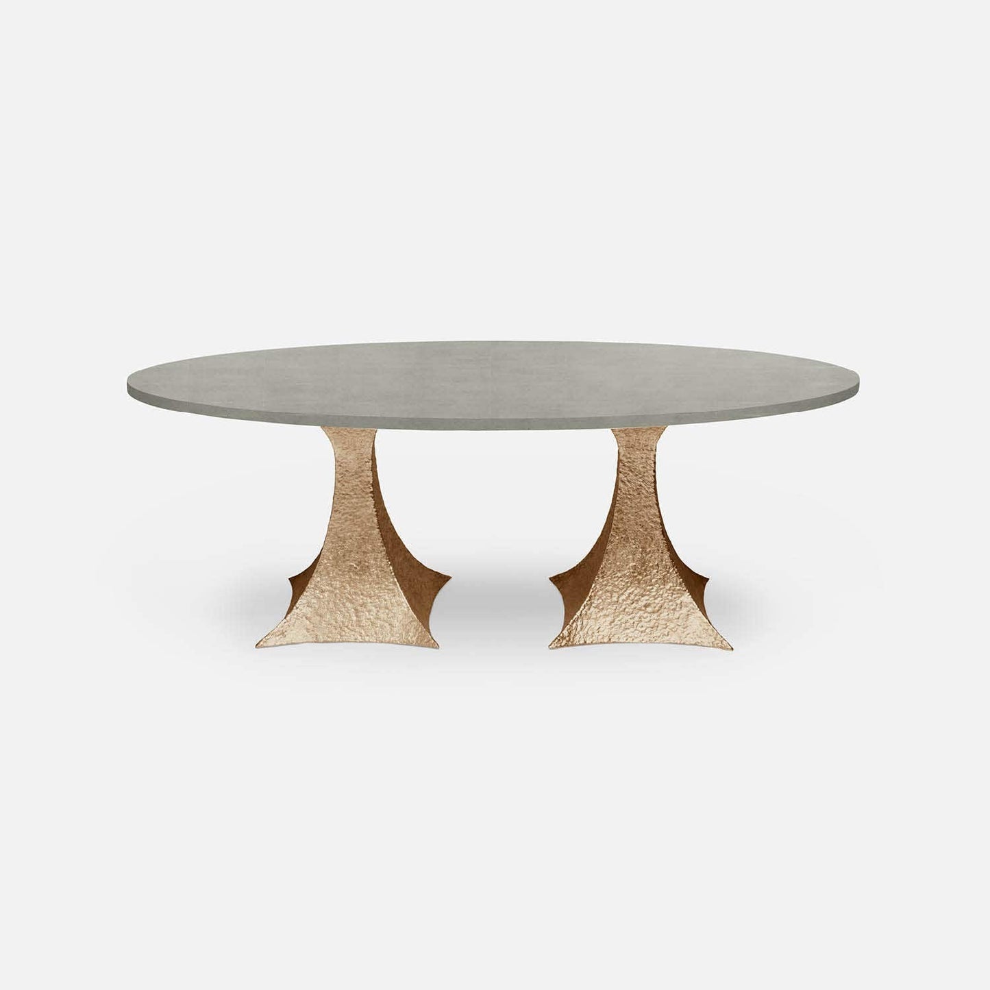 Made Goods Noor 84" x 42" x 30" Double Base Bumpy Cool Gold Iron Dinning Table With Oval Castor Gray Vintage Faux Shagreen Table Top