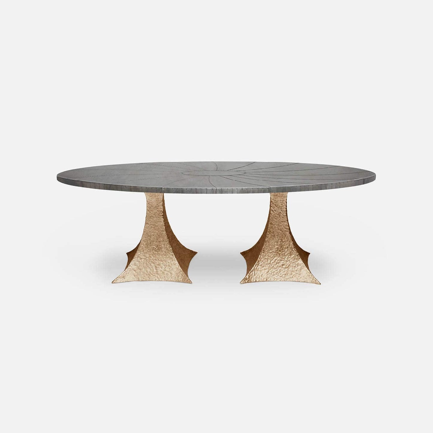 Made Goods Noor 84" x 42" x 30" Double Base Bumpy Cool Gold Iron Dinning Table With Oval Zinc Metal Table Top