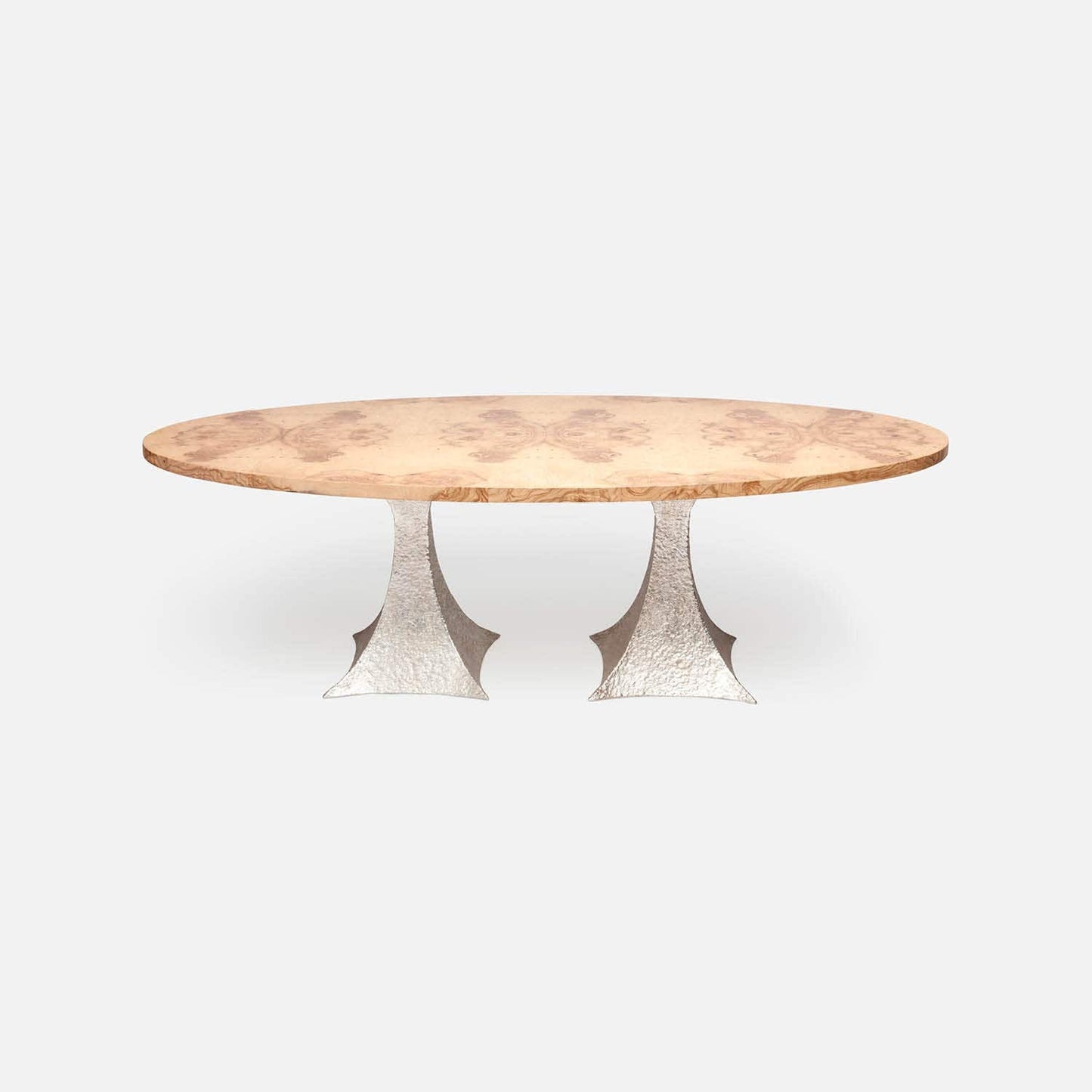 Made Goods Noor 84" x 42" x 30" Double Base Bumpy Cool Silver Iron Dinning Table With Oval Olive Ash Veneer Table Top