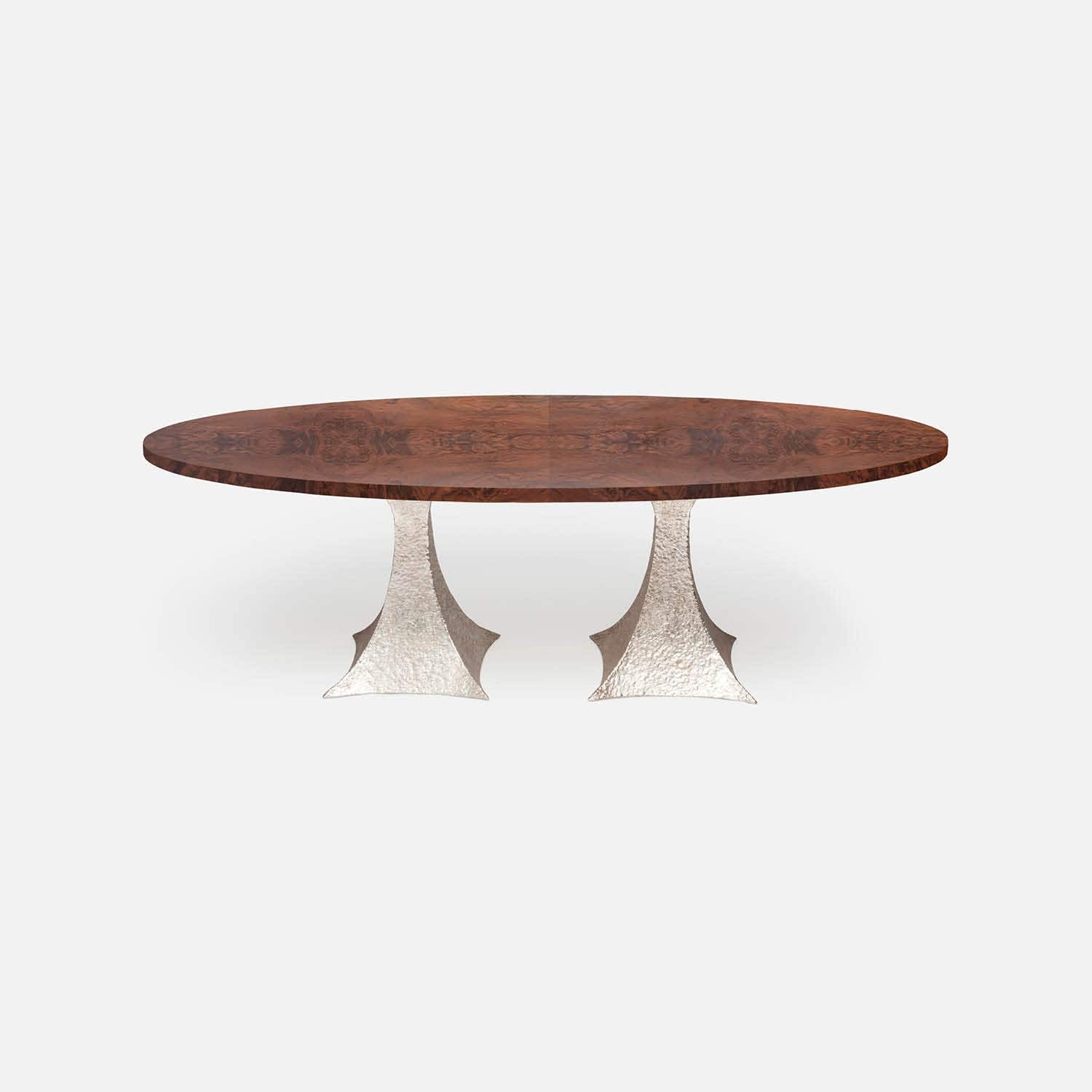 Made Goods Noor 84" x 42" x 30" Double Base Bumpy Cool Silver Iron Dinning Table With Oval Walnut Veneer Table Top