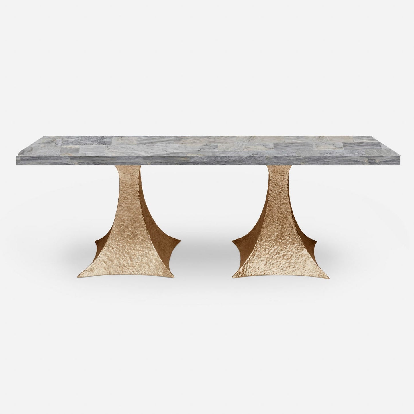 Made Goods Noor 88" x 40" x 30" Bumpy Cool Gold Iron Dinning Table With Rectangle Gray Romblon Stone Table Top