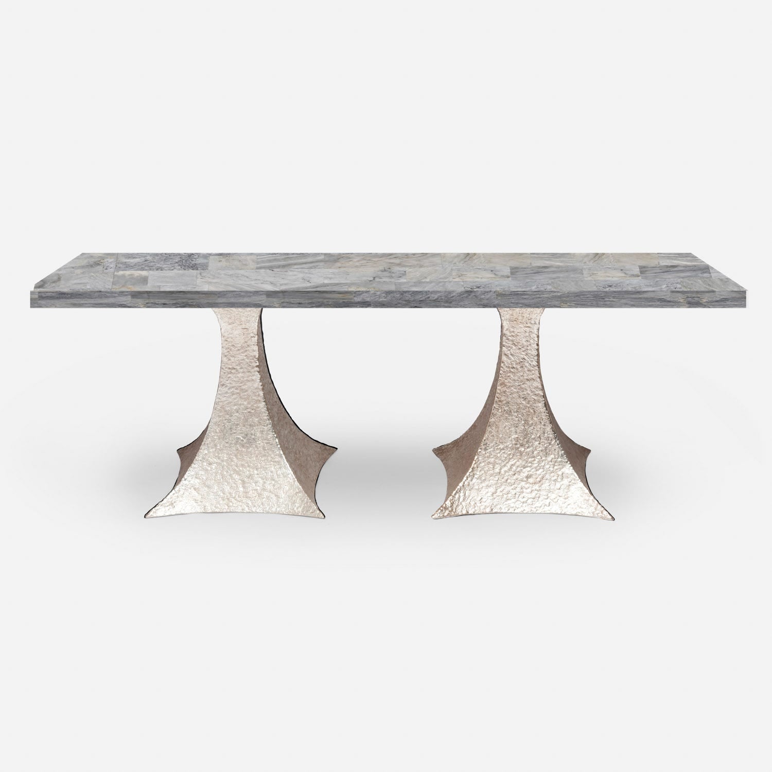 Made Goods Noor 88" x 40" x 30" Bumpy Cool Silver Iron Dinning Table With Rectangle Gray Romblon Stone Table Top