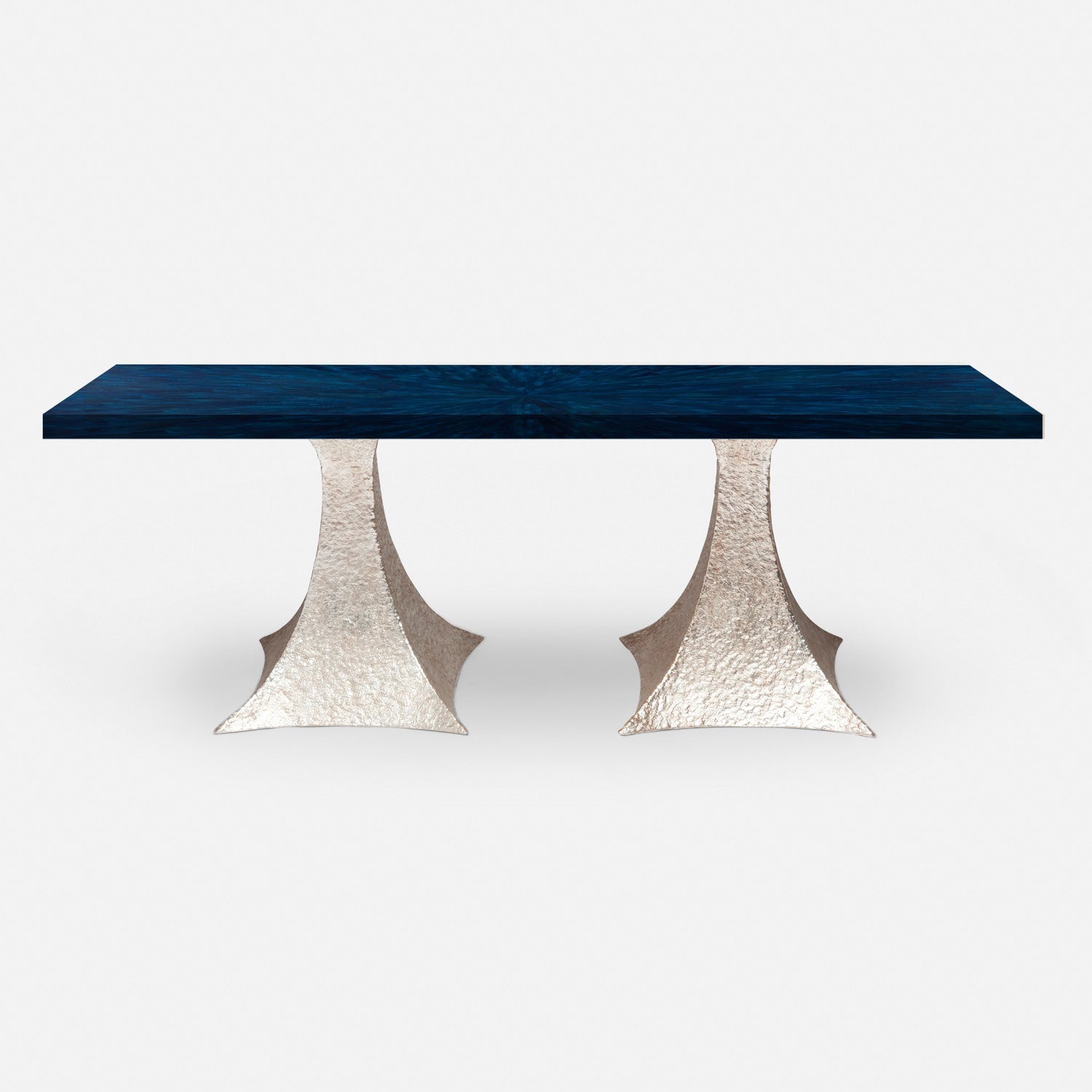 Made Goods Noor 88" x 40" x 30" Bumpy Cool Silver Iron Dinning Table With Rectangle Navy Faux Horn Table Top
