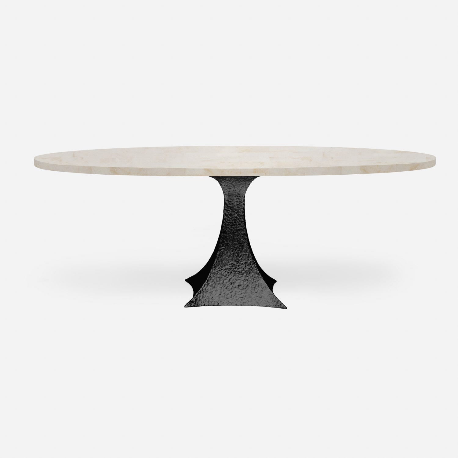 Made Goods Noor 96" x 44" x 30" Double Base Bumpy Black Iron Dinning Table With Oval Ice Crystal Stone Table Top