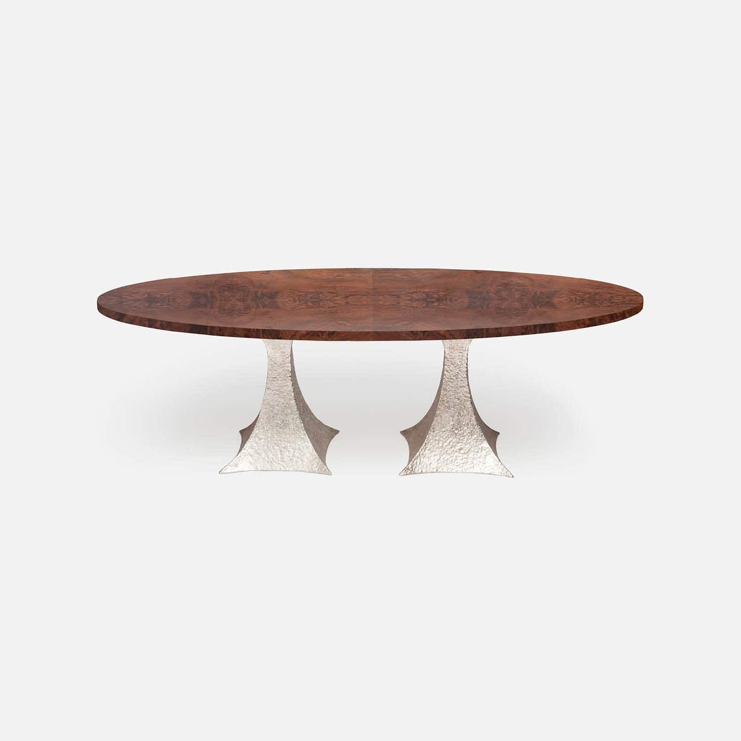 Made Goods Noor 96" x 44" x 30" Double Base Bumpy Cool Silver Iron Dinning Table With Oval Walnut Veneer Table Top