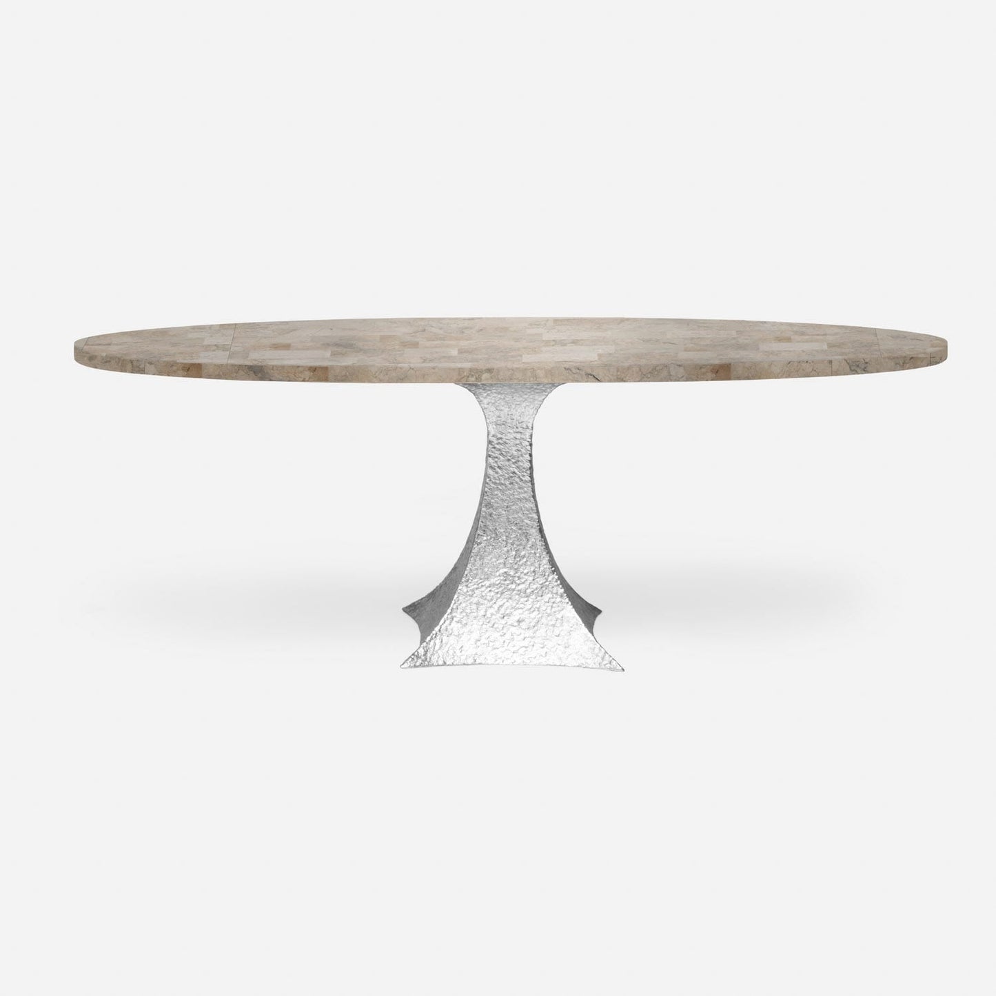 Made Goods Noor 96" x 44" x 30" Double Base Bumpy Cool Silver Iron Dinning Table With Oval Warm Gray Marble Table Top