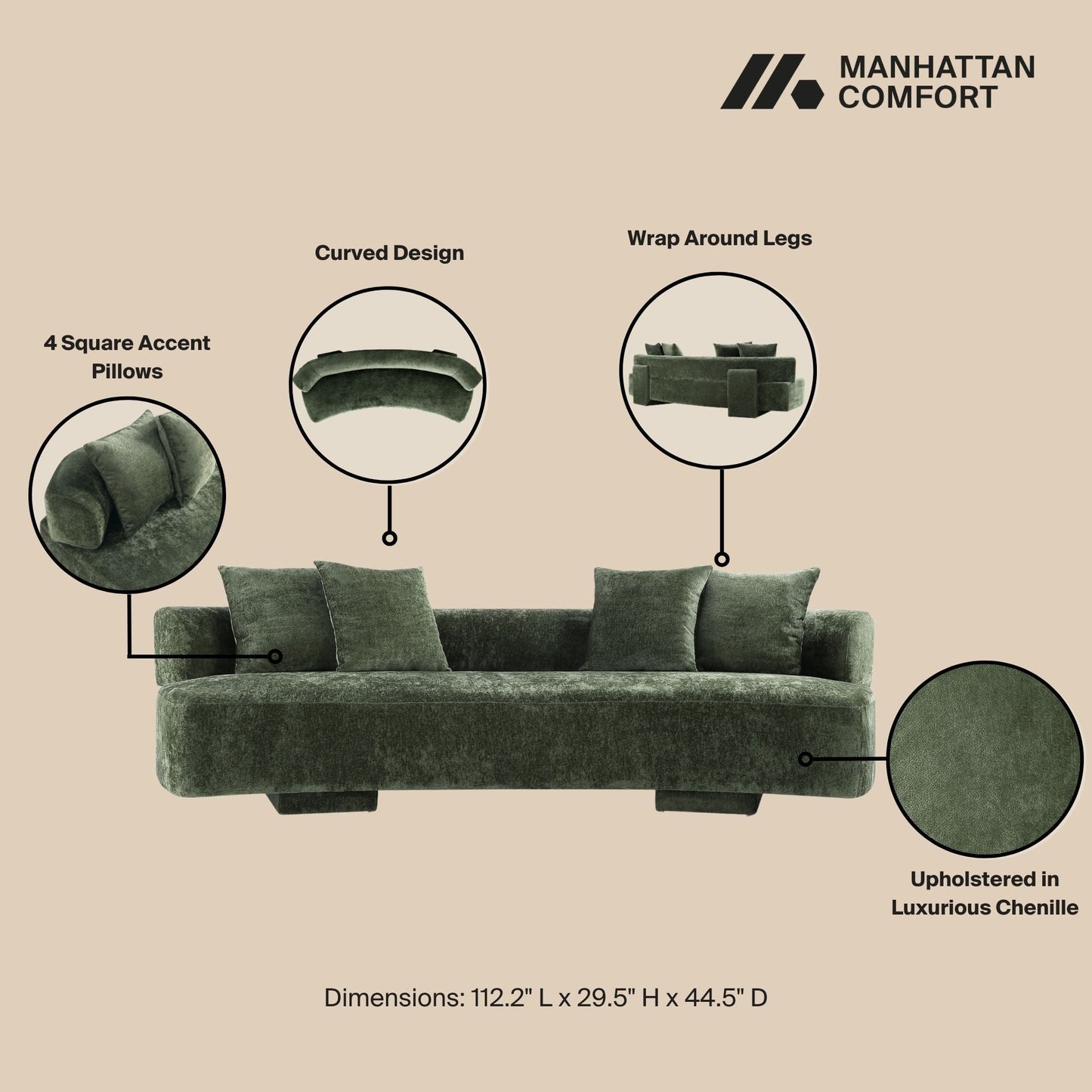 Manhattan Comfort 2-Piece Olive Green Modern Verandah Chenille 112" & 91" Sofas