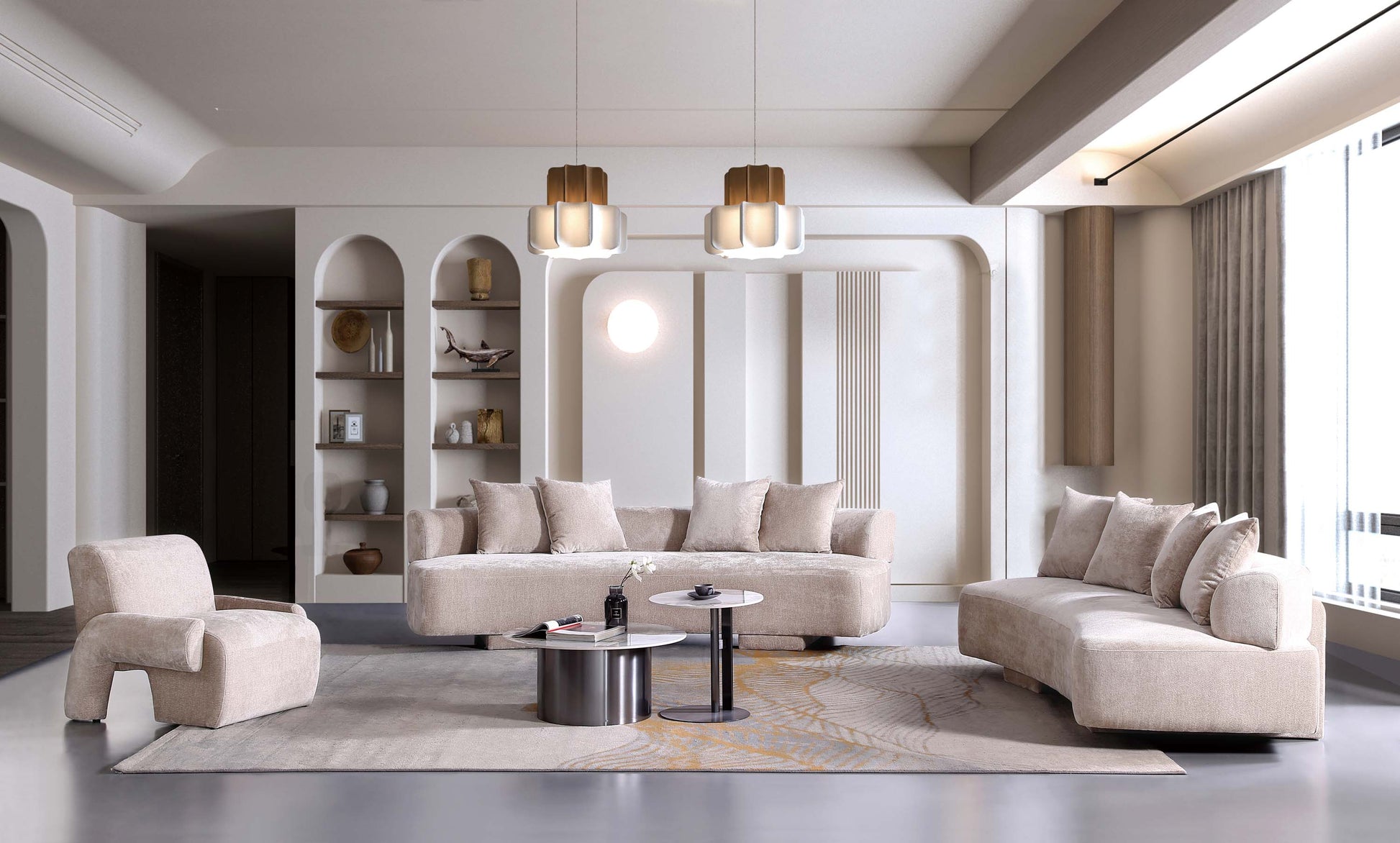 Manhattan Comfort 3-Piece Beige Modern Verandah Chenille 112" & 91" Sofas With Accent Chair