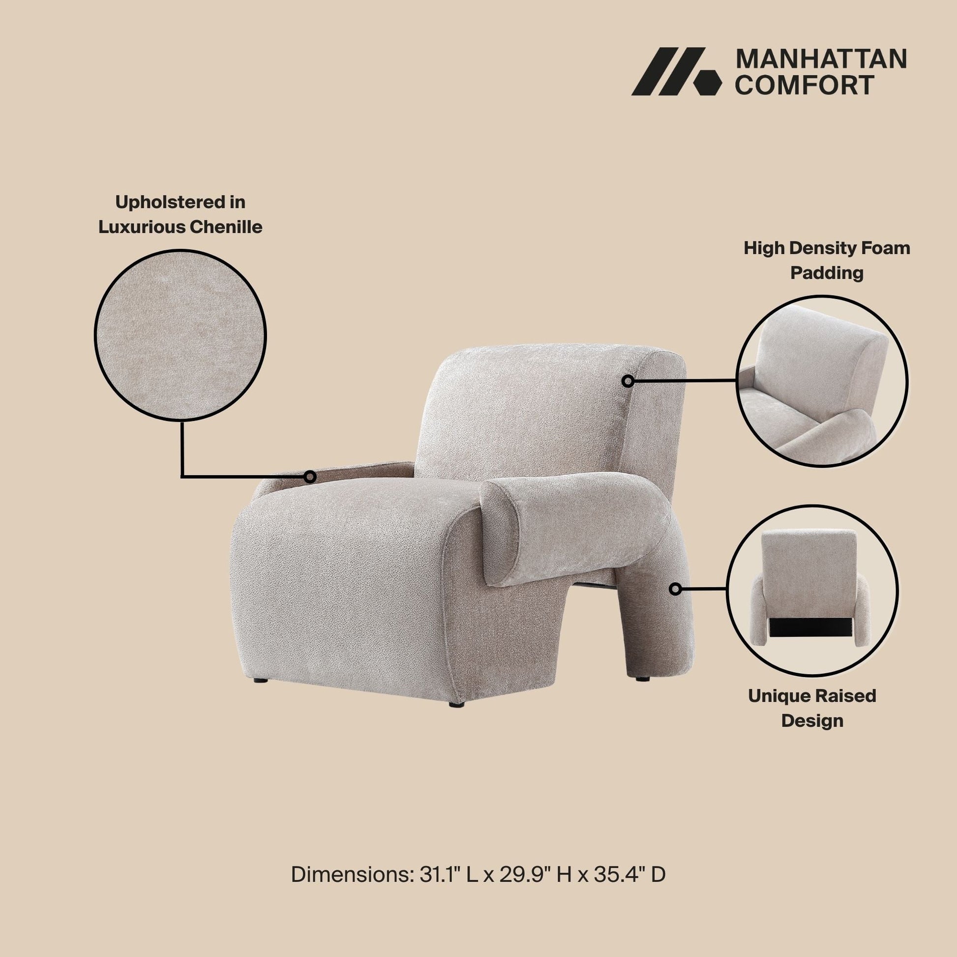 Manhattan Comfort 3-Piece Beige Modern Verandah Chenille 112" & 91" Sofas With Accent Chair