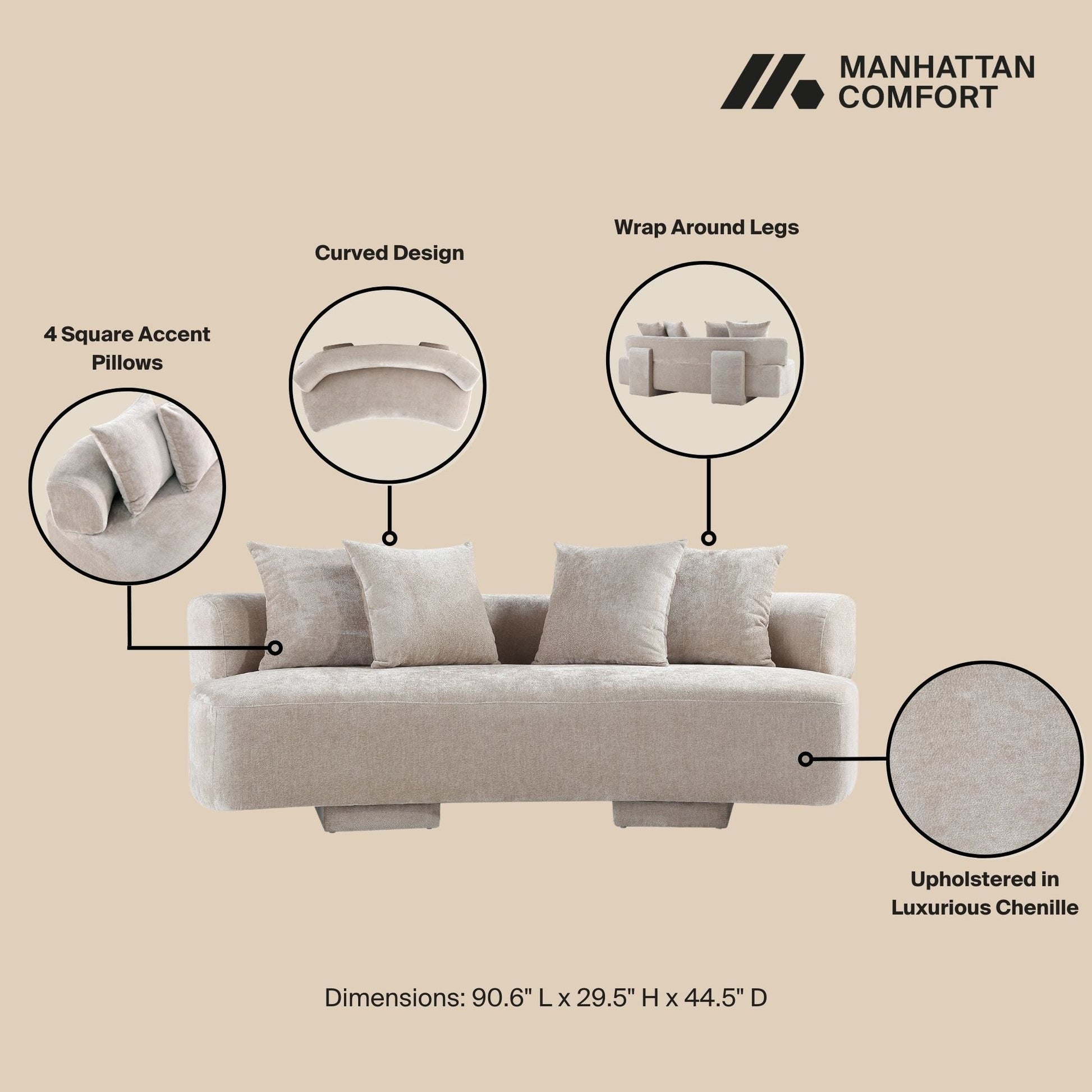 Manhattan Comfort 3-Piece Beige Modern Verandah Chenille 91" Sofa & 2 Accent Chairs