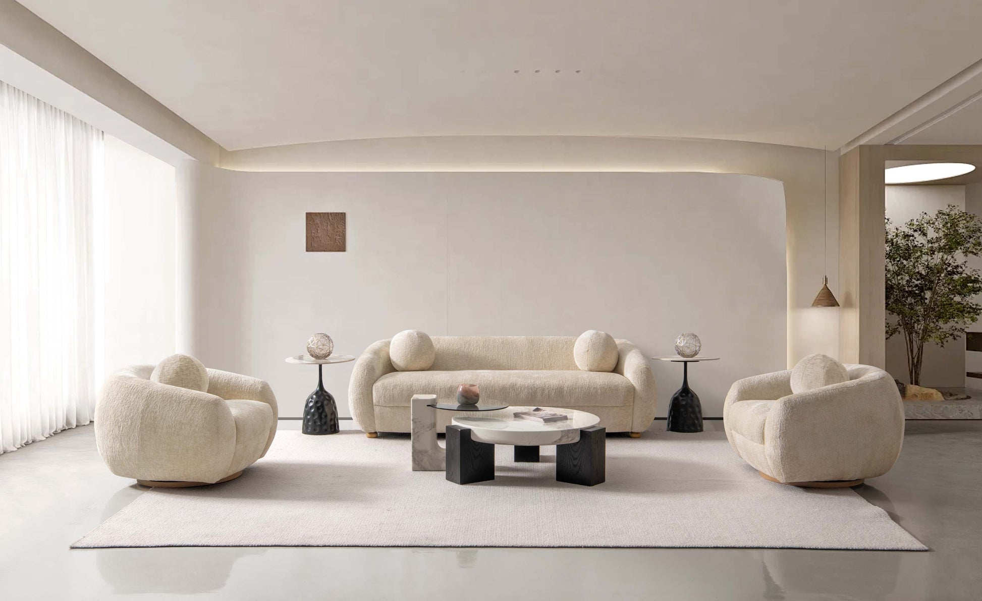 Manhattan Comfort 3-Piece Cream Modern Tribeca Chenille 86" Sofa & 2 Accent Chairs