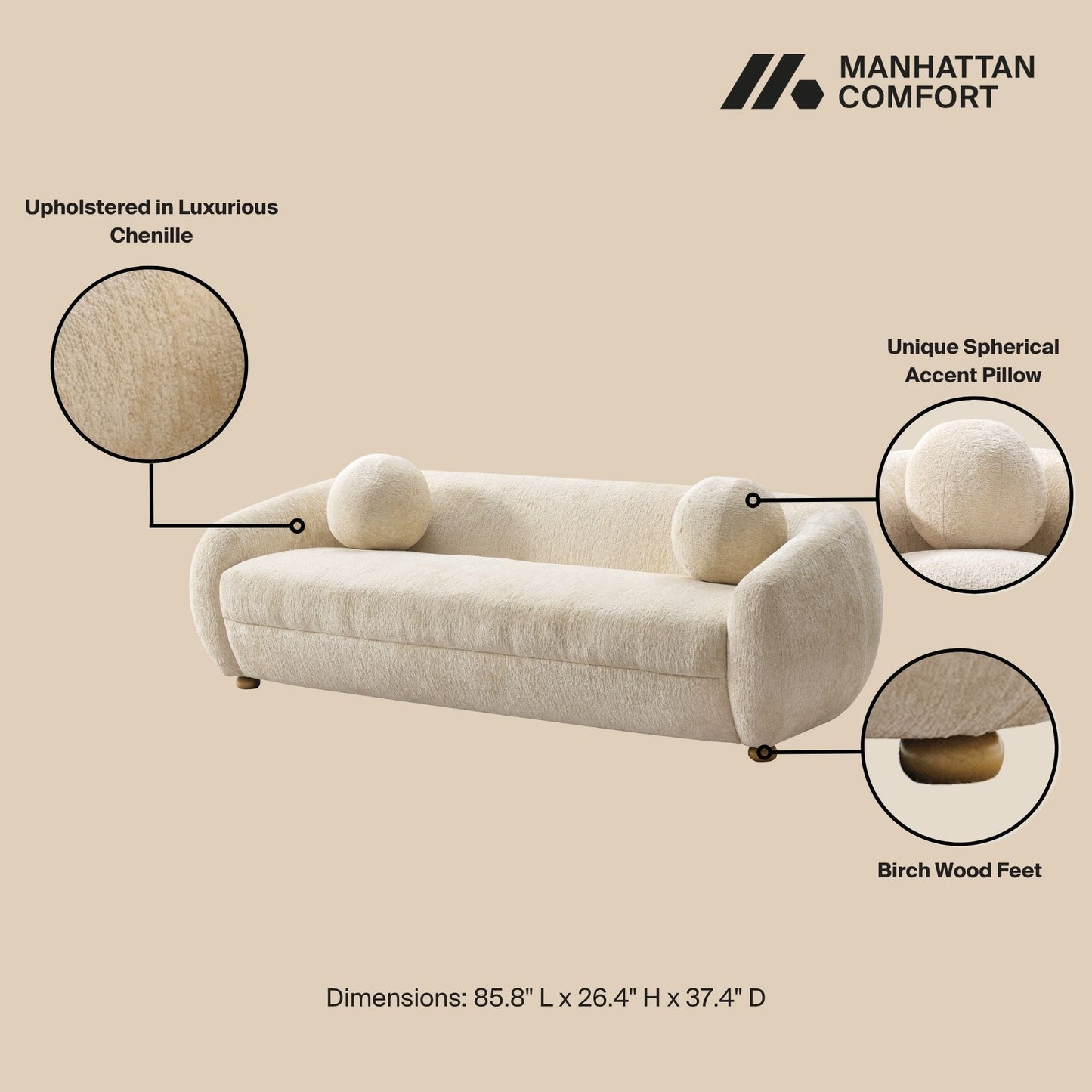 Manhattan Comfort 3-Piece Cream Modern Tribeca Chenille 86" Sofa & 2 Accent Chairs
