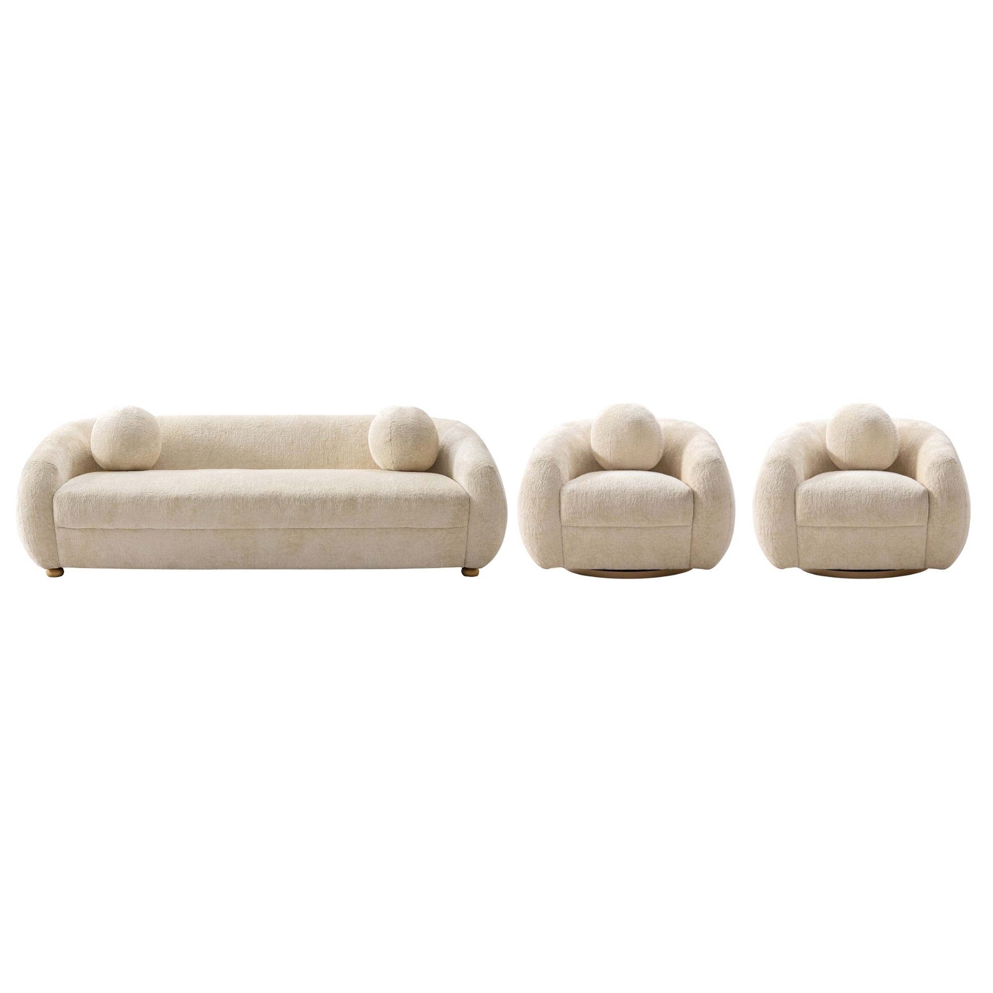 Manhattan Comfort 3-Piece Cream Modern Tribeca Chenille 86" Sofa & 2 Accent Chairs